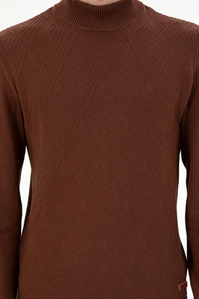 Erkek Slim Fit Yarım Balıkçı Yaka Kahverengi Kazak - 50297038037