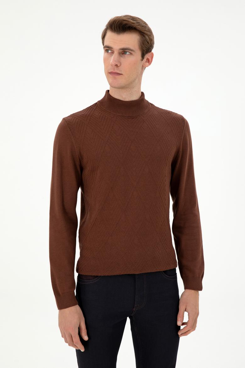 Erkek Slim Fit Yarım Balıkçı Yaka Kahverengi Kazak - 50297038037