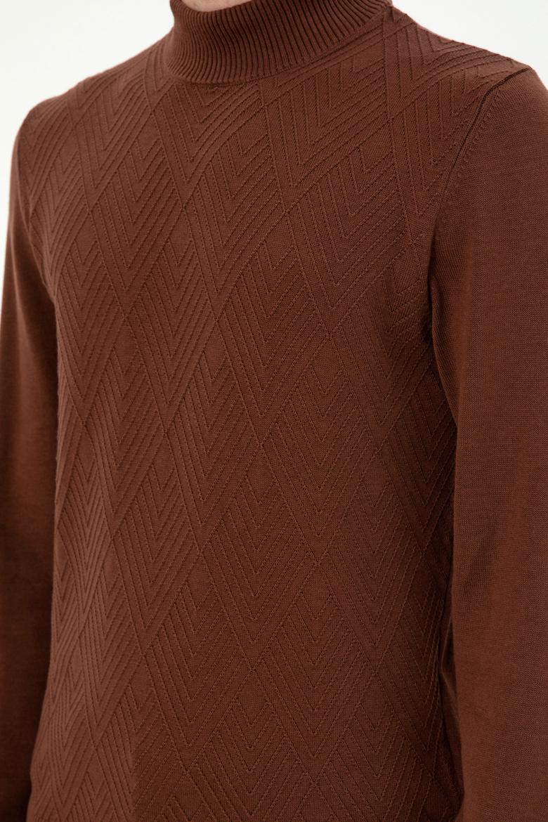 Erkek Slim Fit Yarım Balıkçı Yaka Kahverengi Kazak - 50297038037