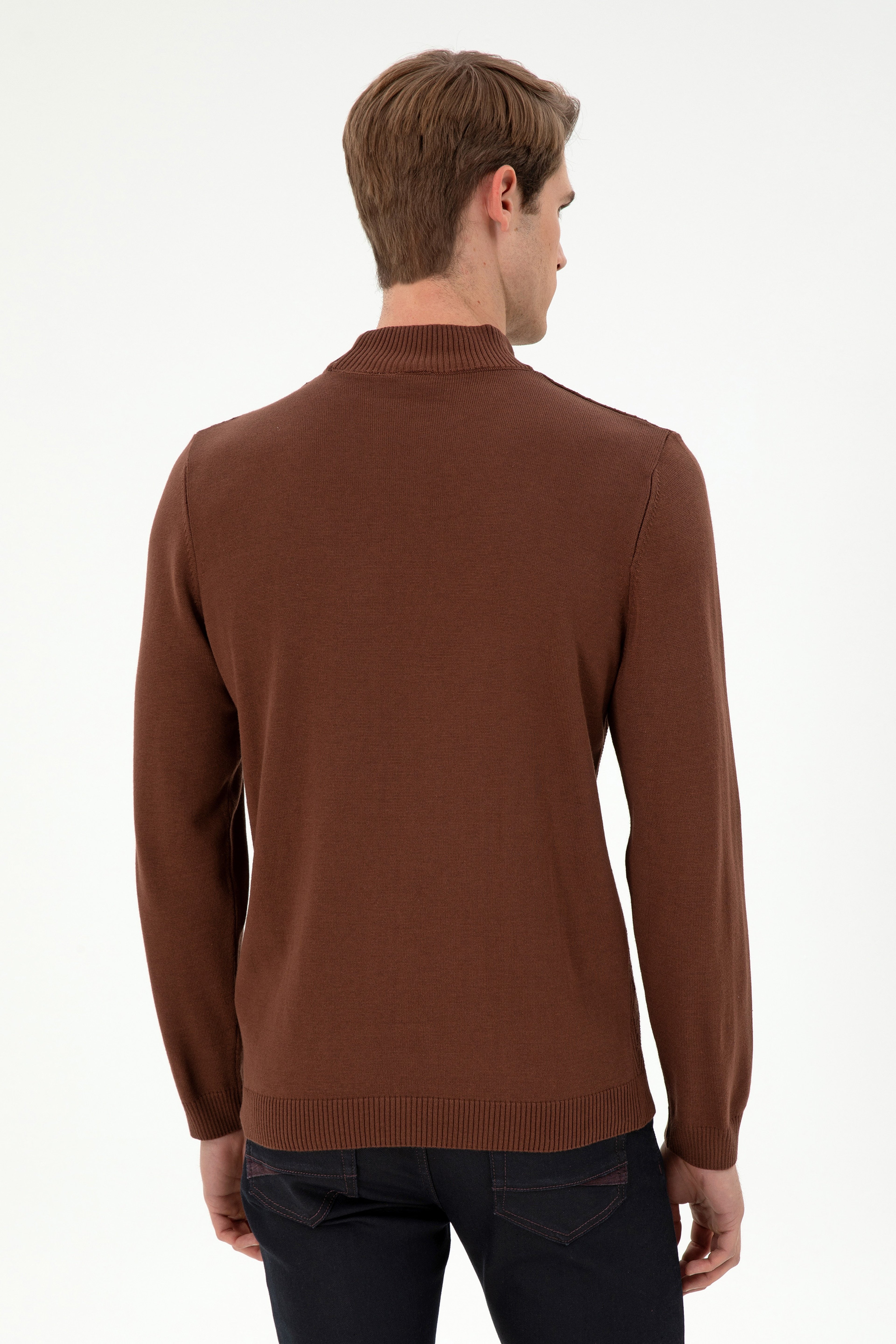 Erkek Slim Fit Yarım Balıkçı Yaka Kahverengi Kazak