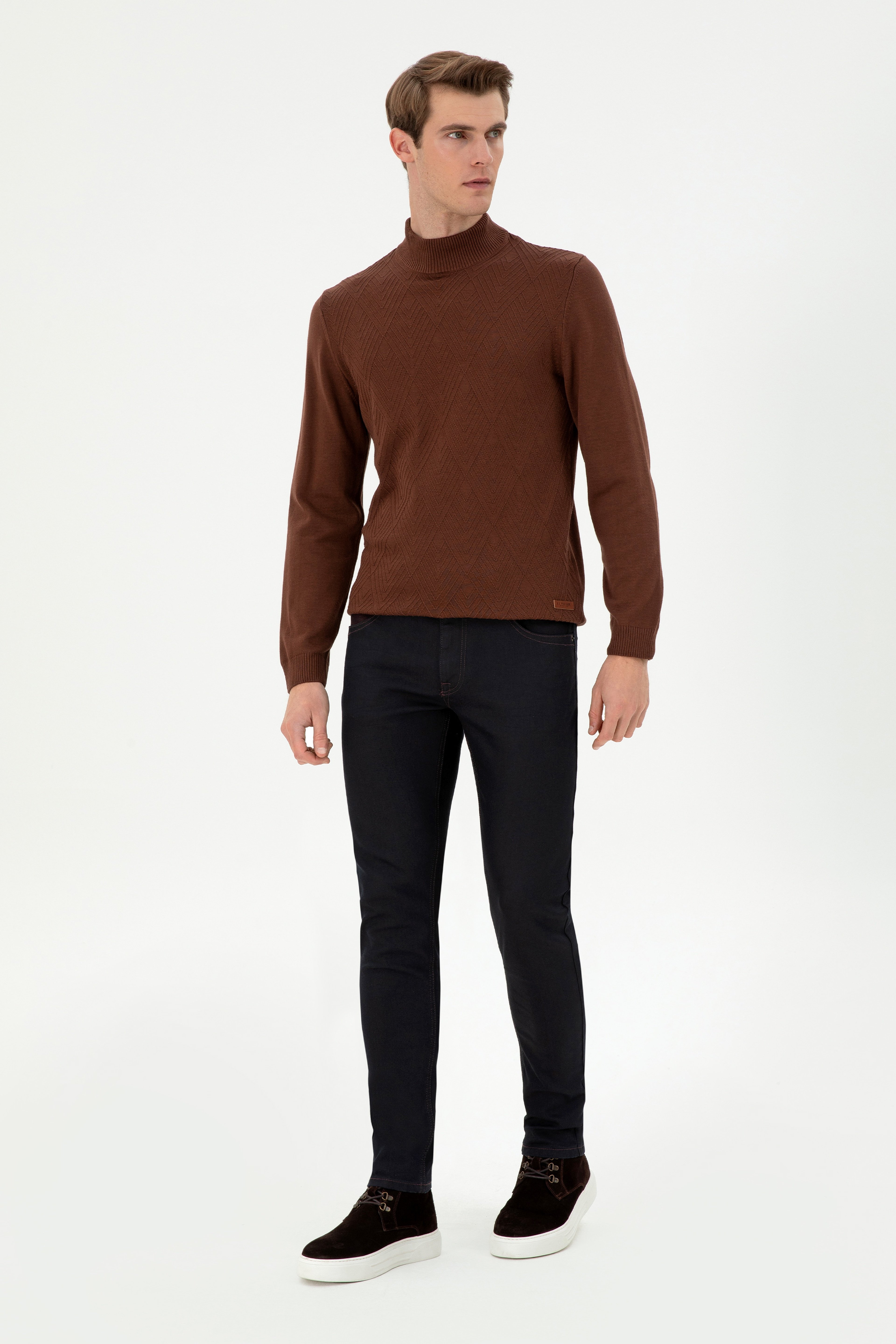 Erkek Slim Fit Yarım Balıkçı Yaka Kahverengi Kazak
