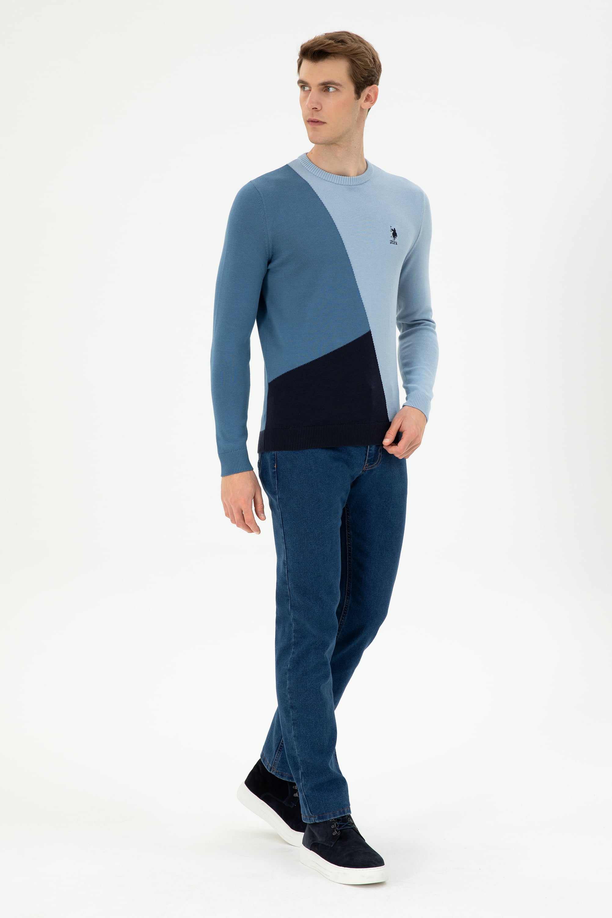 Erkek Slim Fit Bisiklet Yaka Saks Kazak