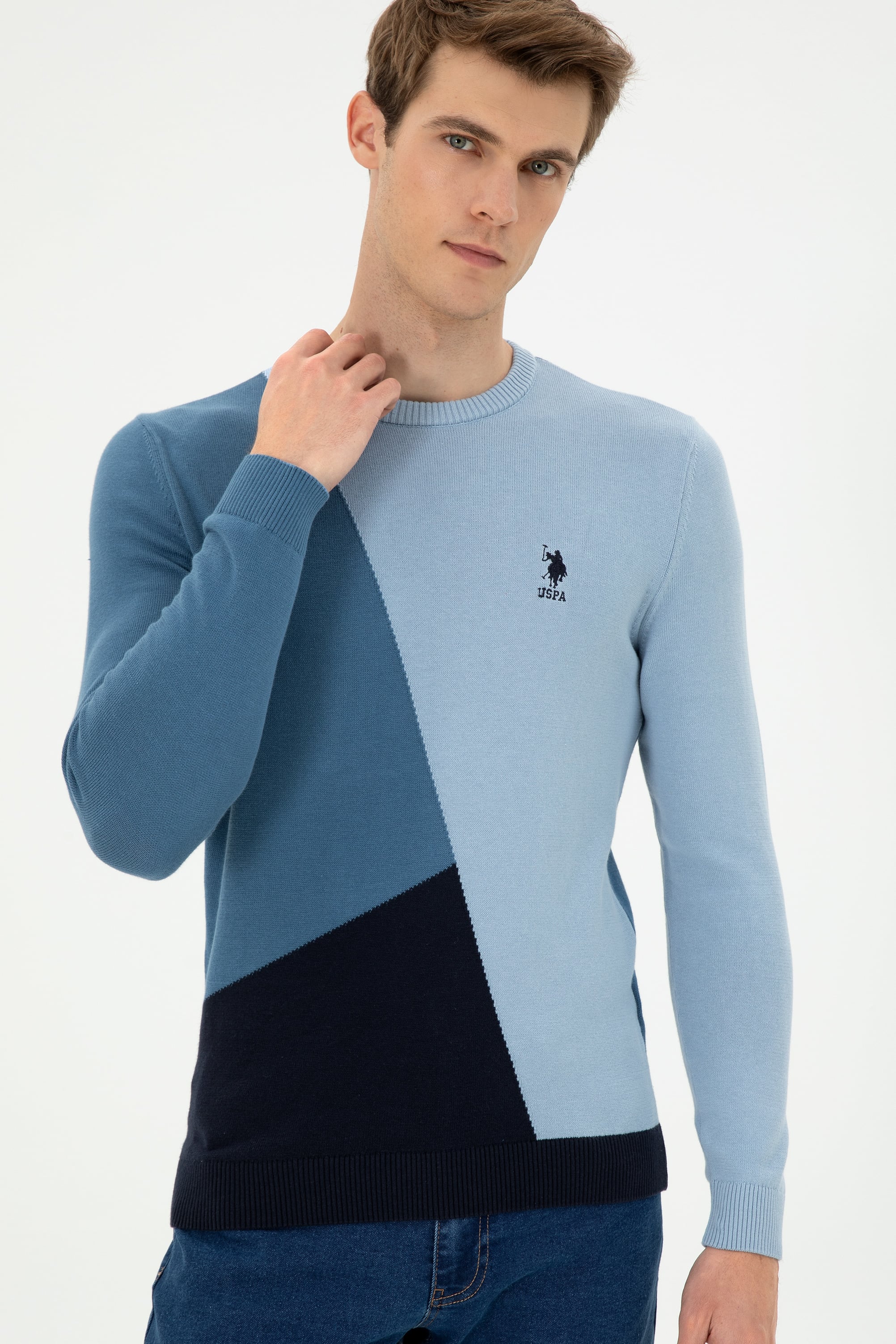 Erkek Slim Fit Bisiklet Yaka Saks Kazak