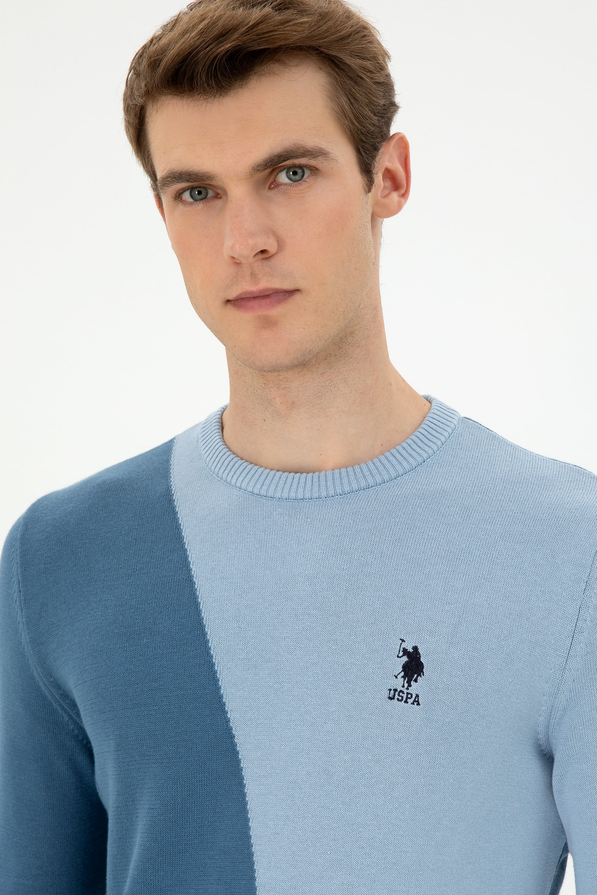 Erkek Slim Fit Bisiklet Yaka Saks Kazak