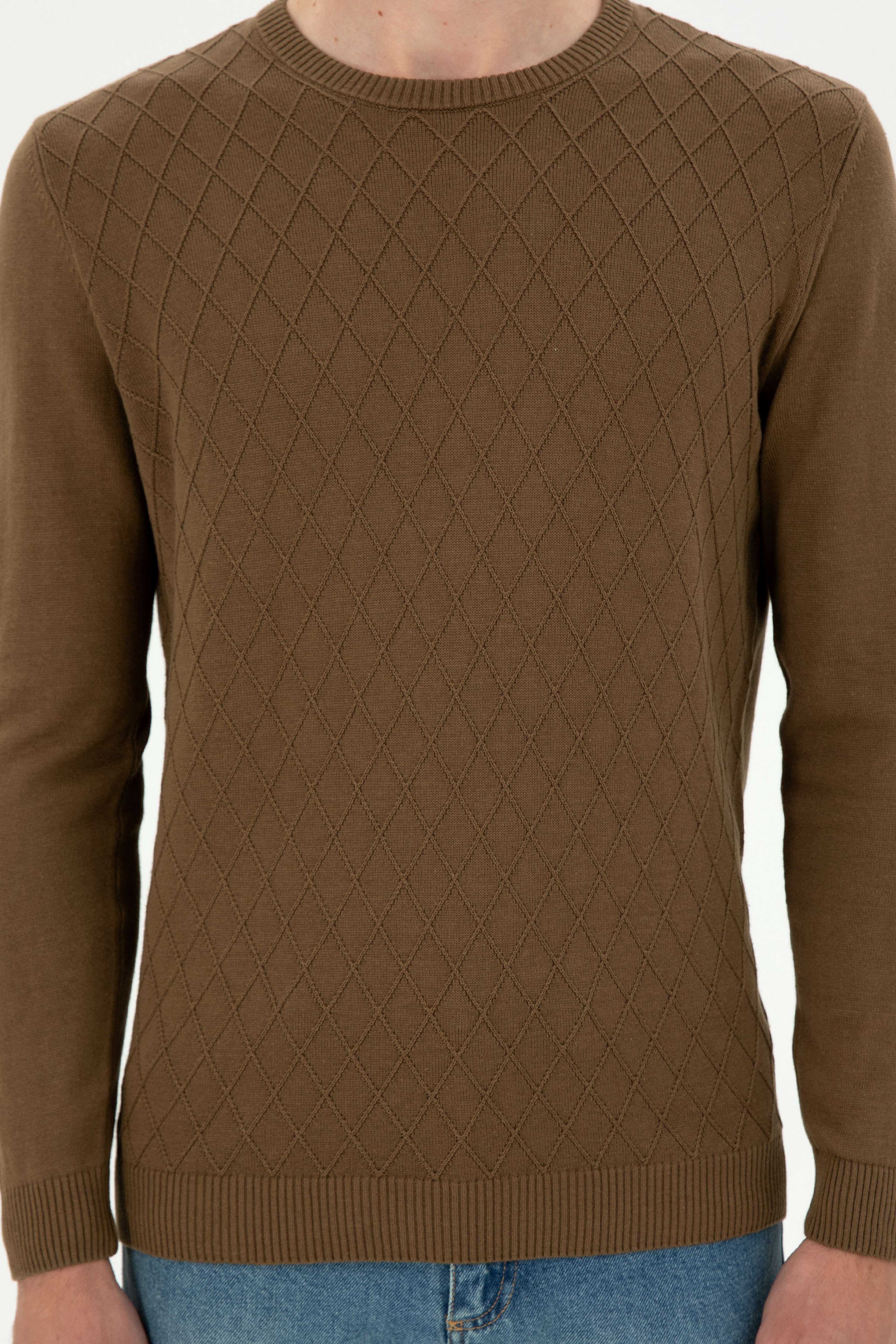 Erkek Slim Fit Bisiklet Yaka Haki Kazak