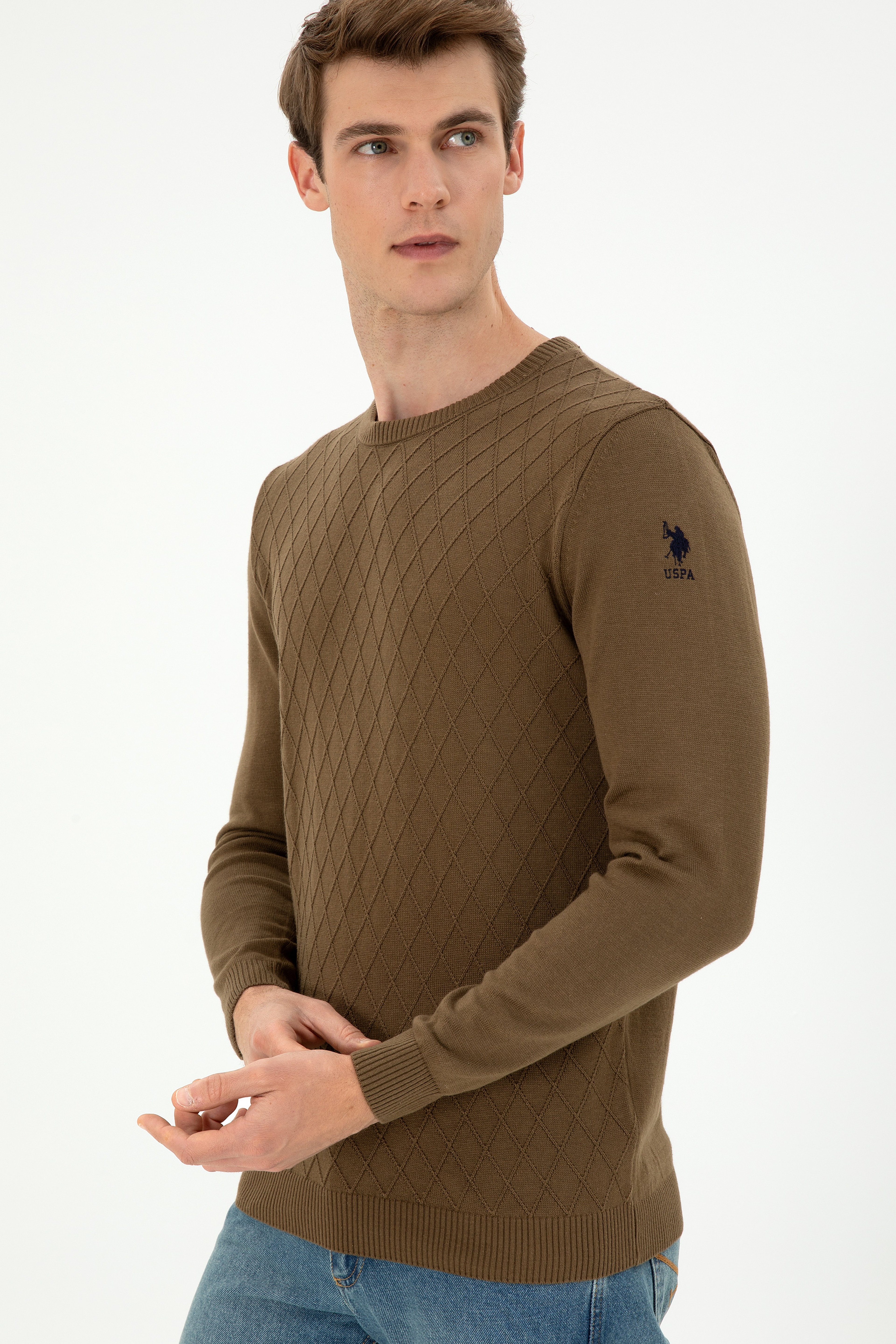 Erkek Slim Fit Bisiklet Yaka Haki Kazak - Image 3