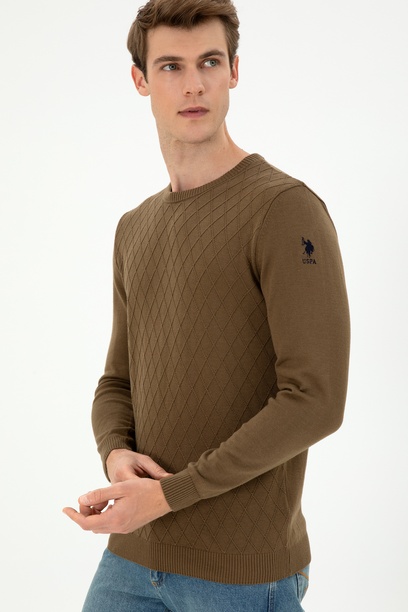 Erkek Slim Fit Bisiklet Yaka Haki Kazak
