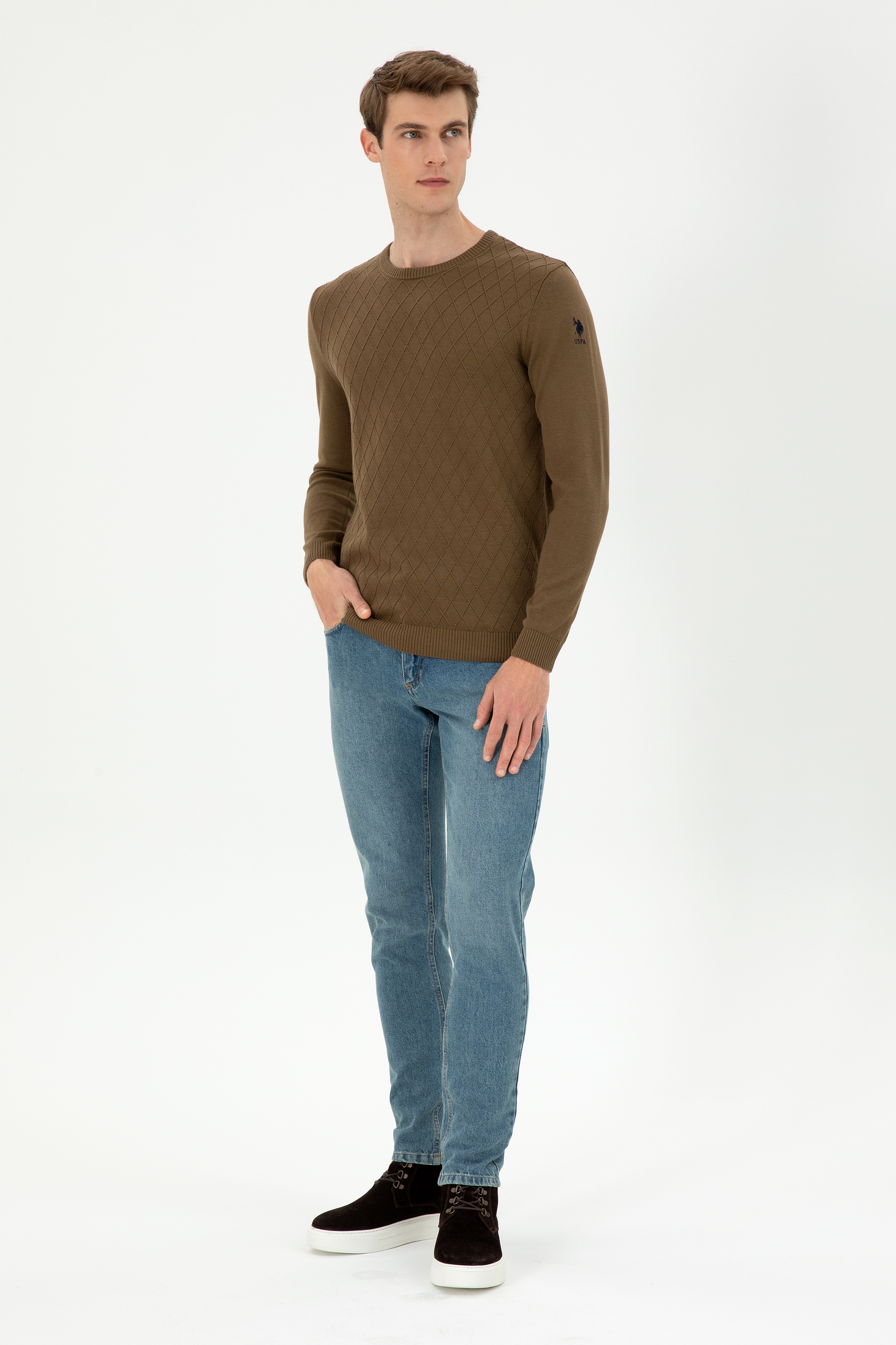 Erkek Slim Fit Bisiklet Yaka Haki Kazak
