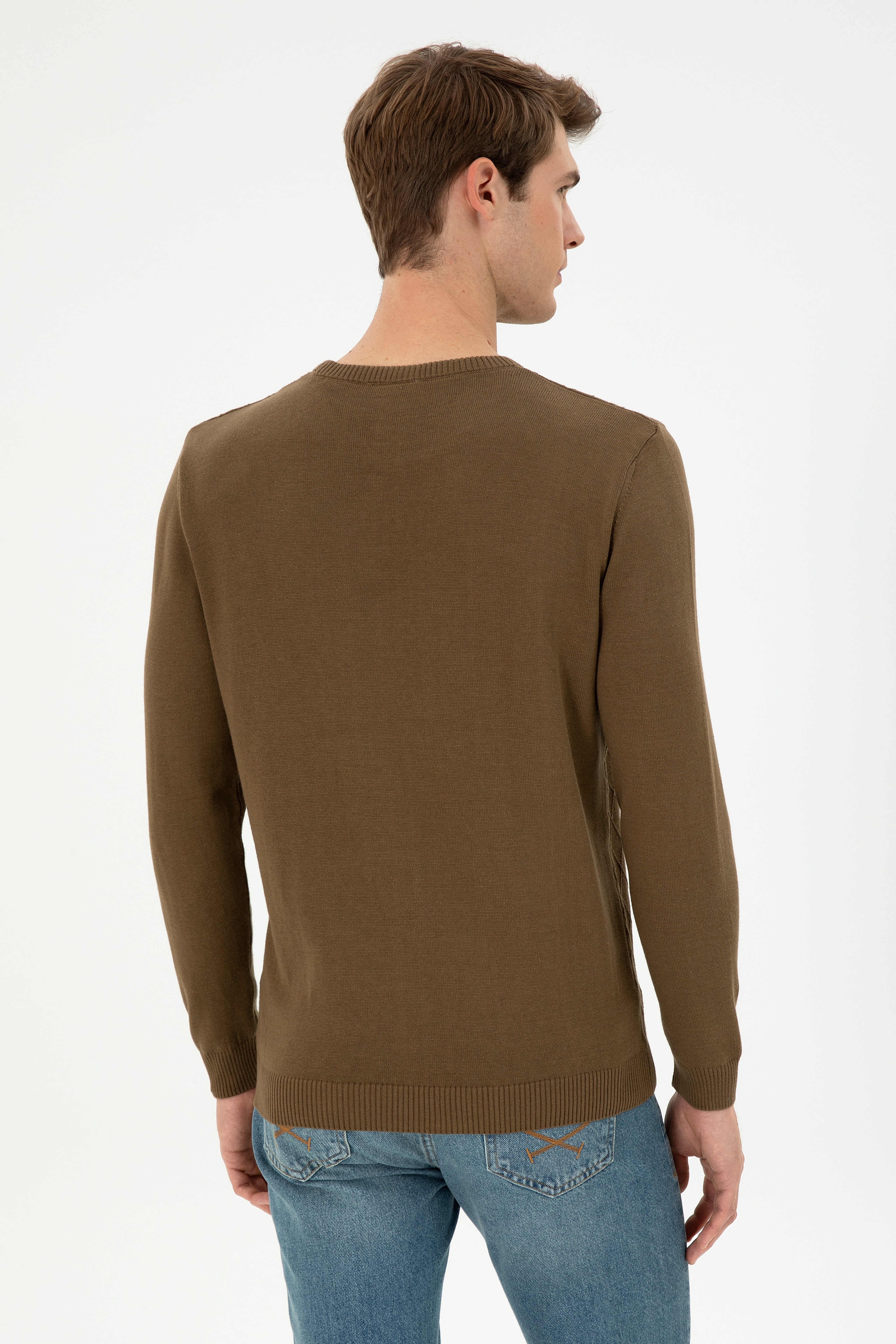 Erkek Slim Fit Bisiklet Yaka Haki Kazak - Image 5