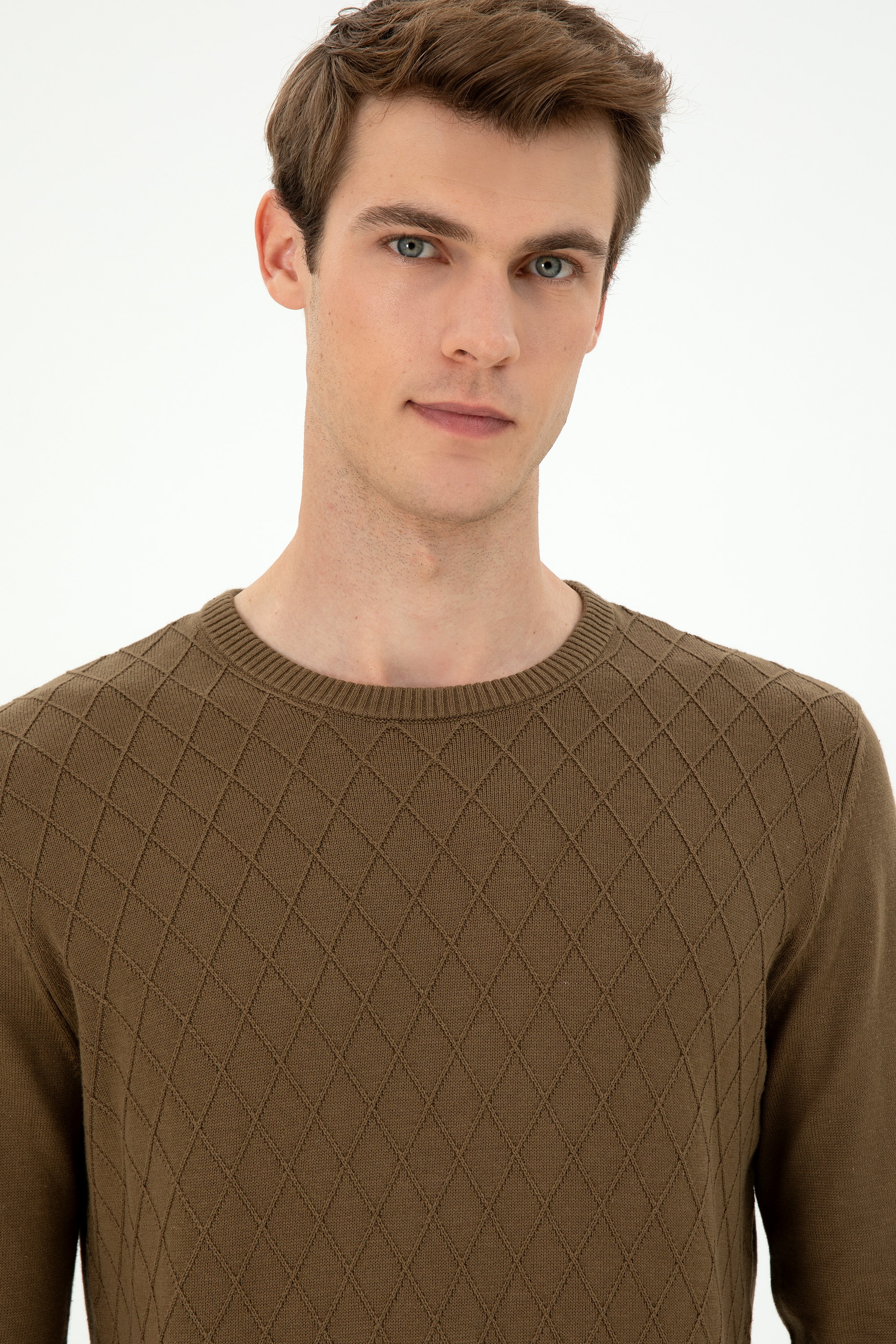 Erkek Slim Fit Bisiklet Yaka Haki Kazak - Image 2