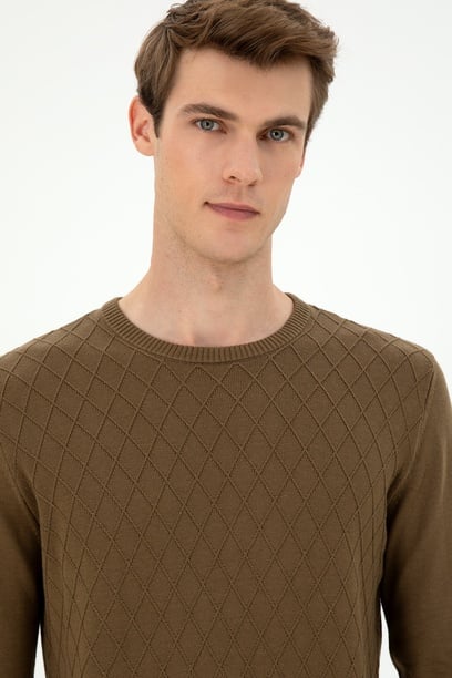 Erkek Slim Fit Bisiklet Yaka Haki Kazak