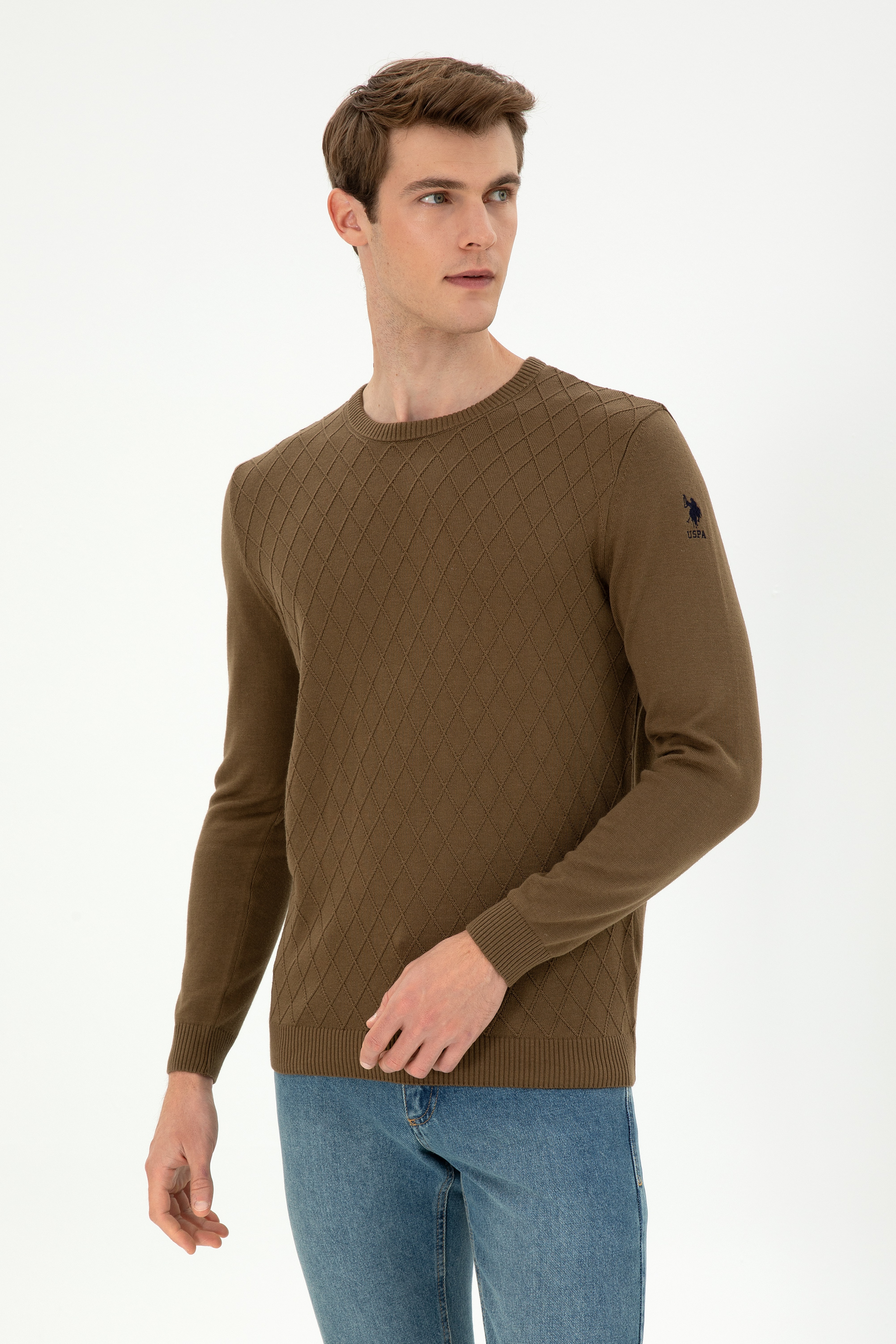 Erkek Slim Fit Bisiklet Yaka Haki Kazak