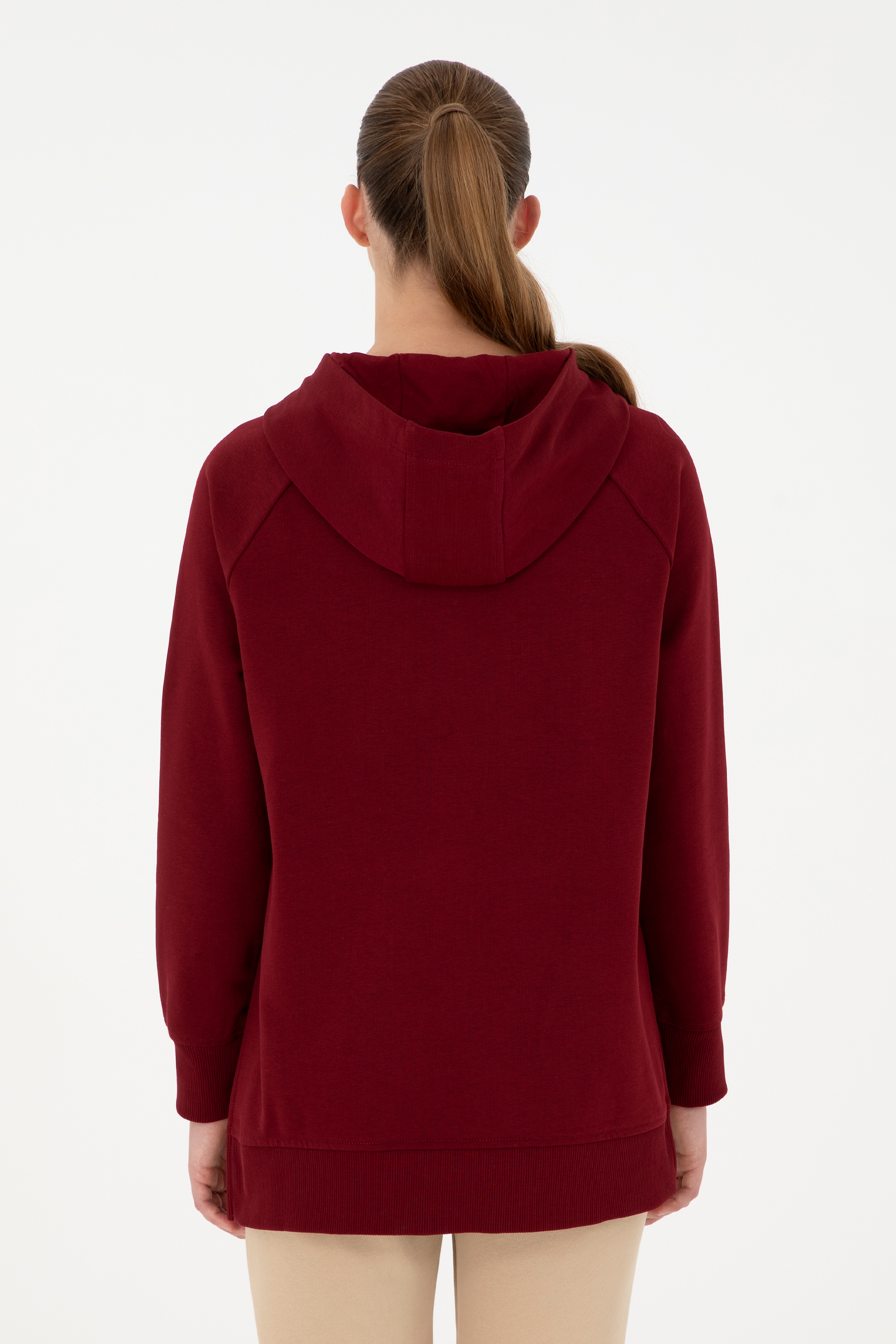 Kadın Bordo Kapüşonlu Sweatshirt - Image 5