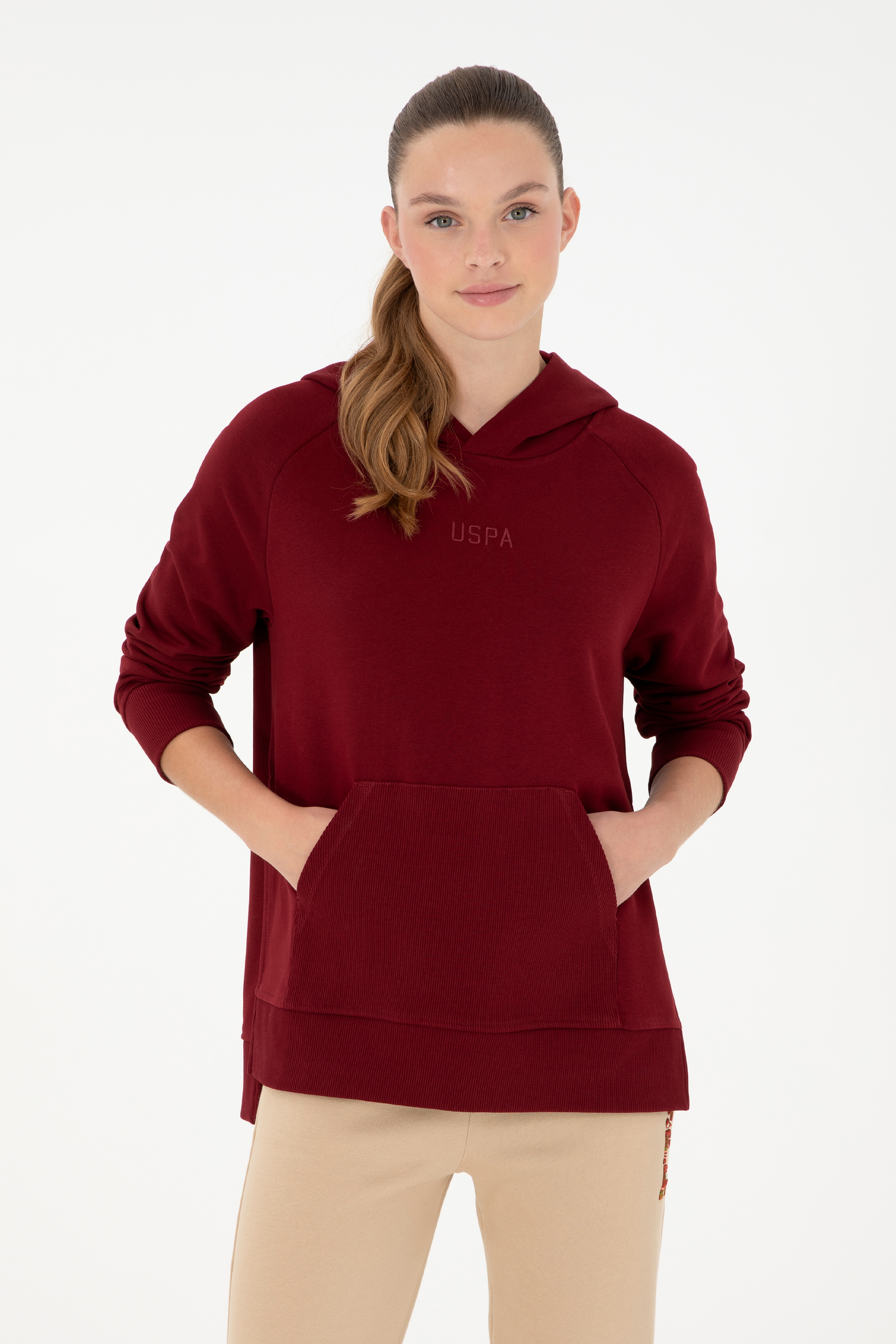 Kadın Bordo Kapüşonlu Sweatshirt - Image 1