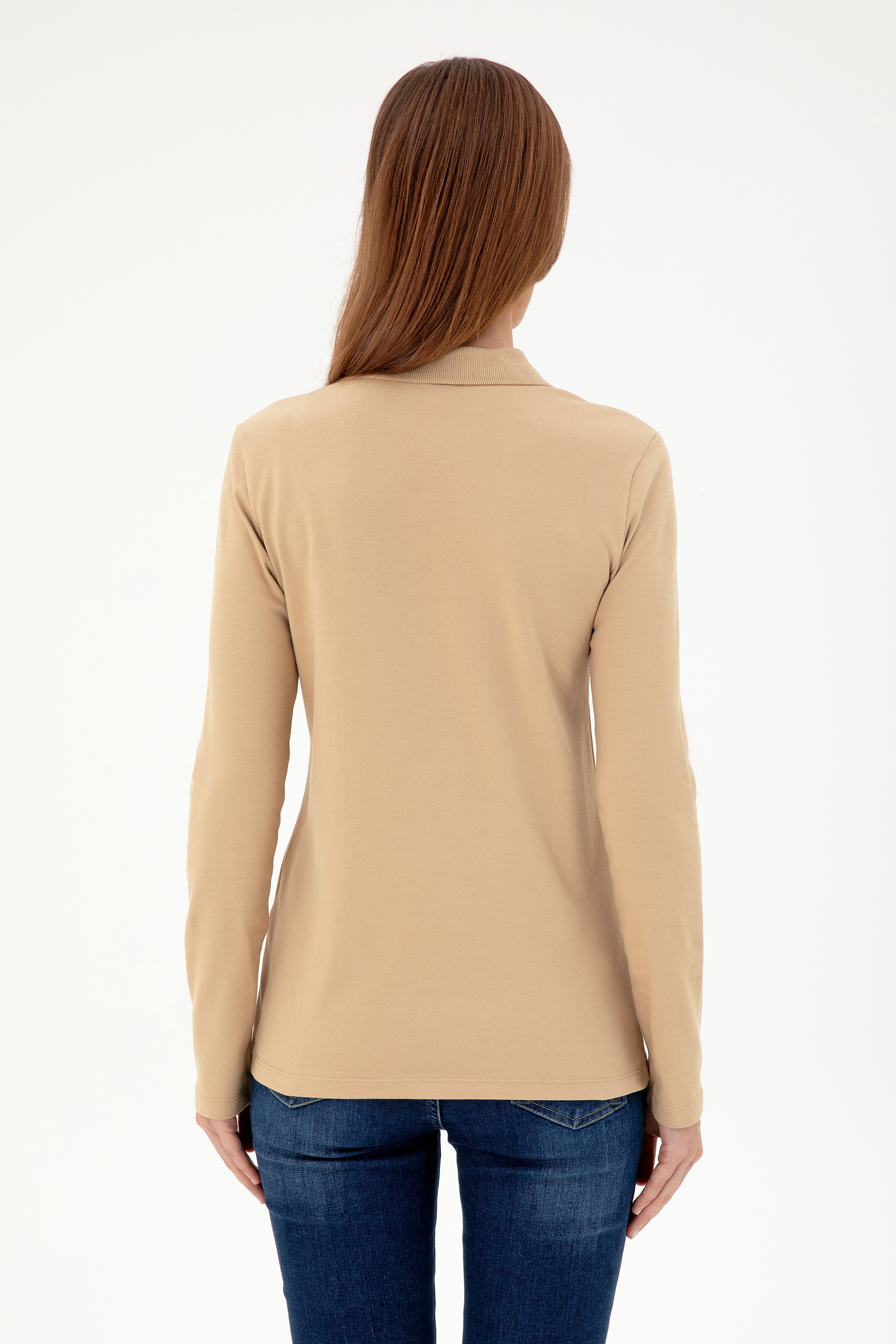Kadın Kum Basic Polo Yaka Sweatshirt
