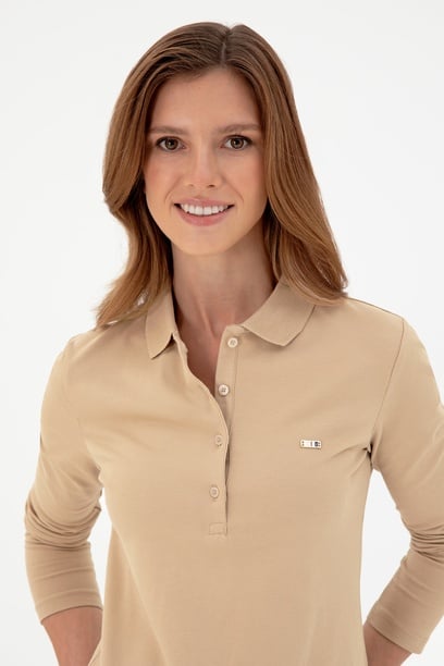 Kadın Kum Basic Polo Yaka Sweatshirt