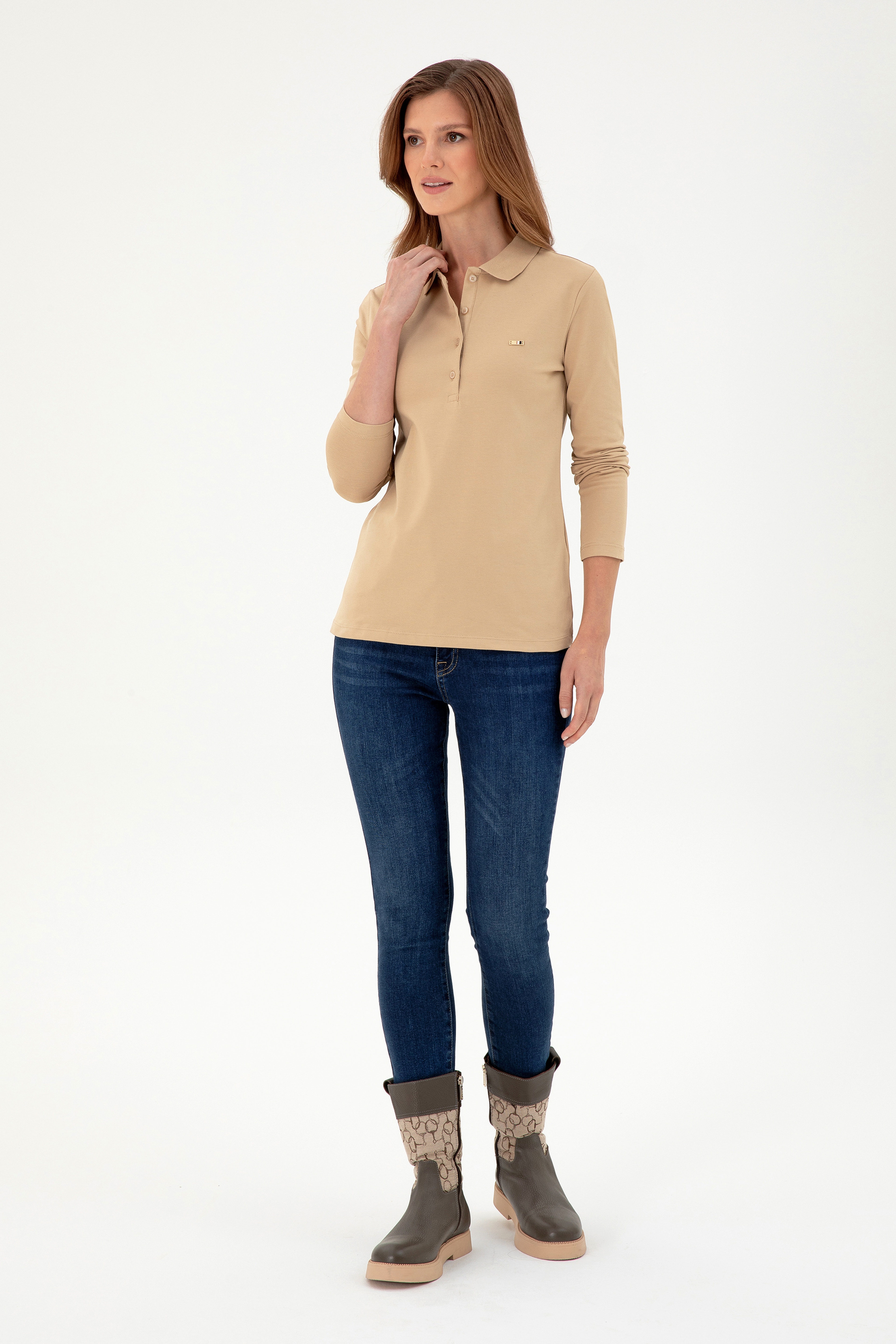 Kadın Kum Basic Polo Yaka Sweatshirt - Image 4