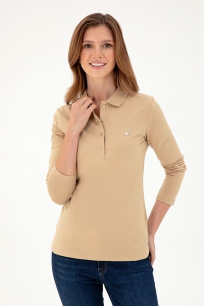Kadın Kum Basic Polo Yaka Sweatshirt