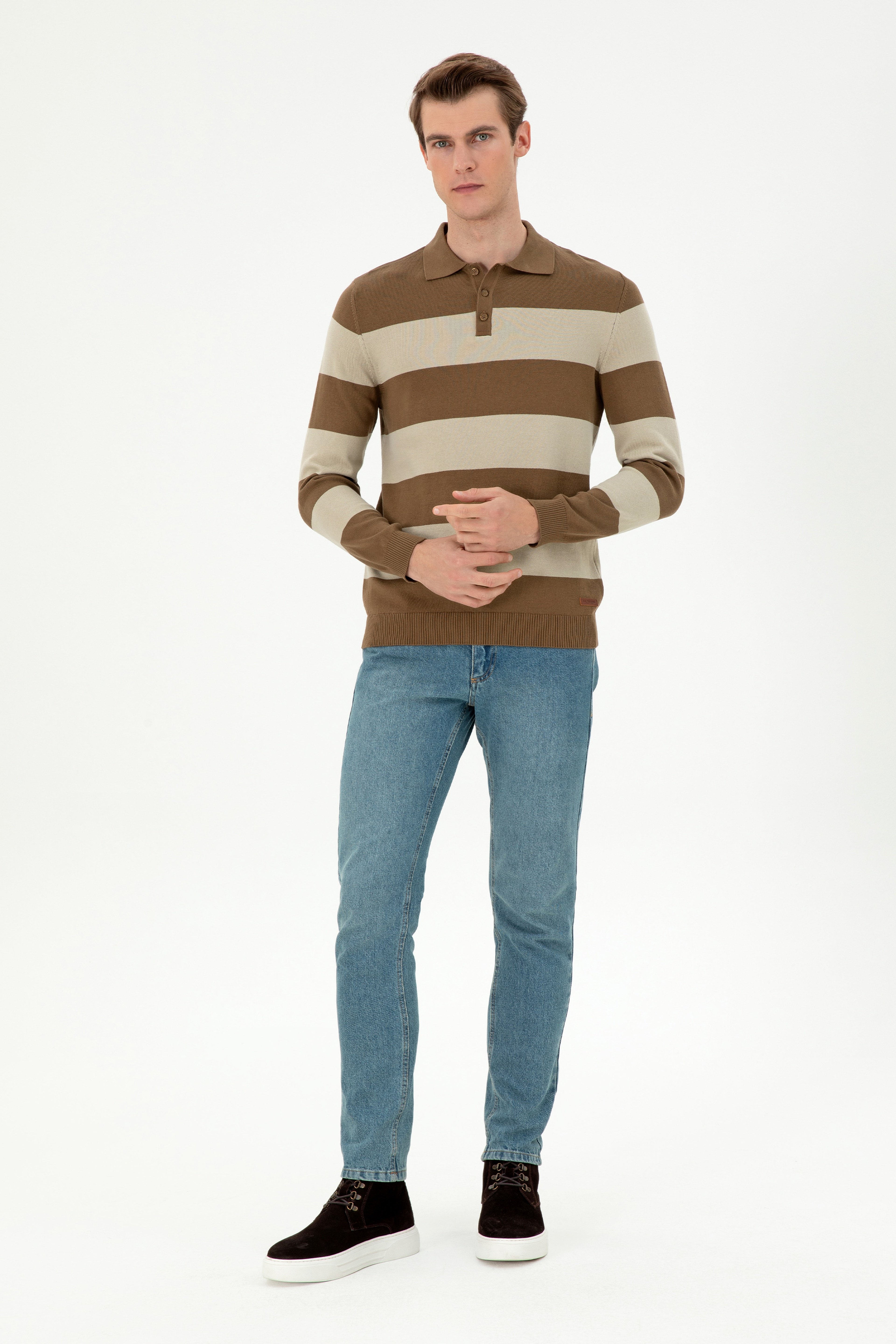 Erkek Regular Fit Polo Yaka Haki Kazak - Image 4