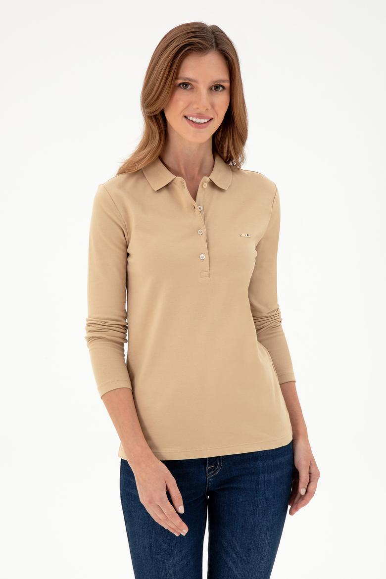 Kadın Kum Basic Polo Yaka Sweatshirt