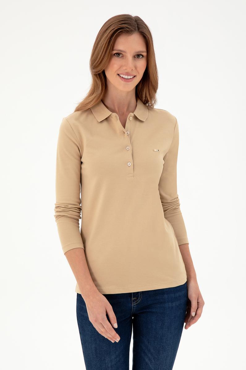 Kadın Kum Basic Polo Yaka Sweatshirt