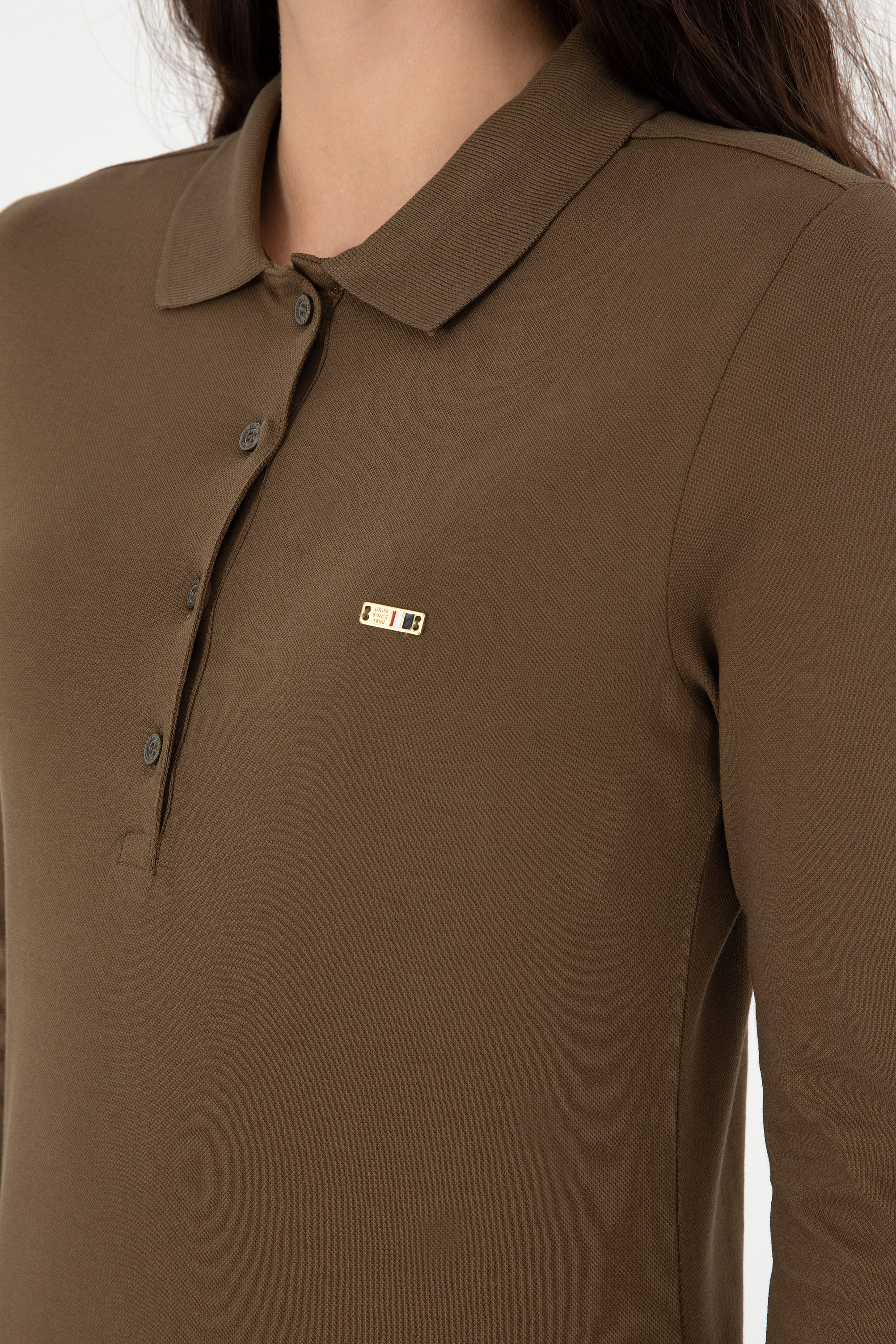 Kadın Haki Basic Polo Yaka Sweatshirt
