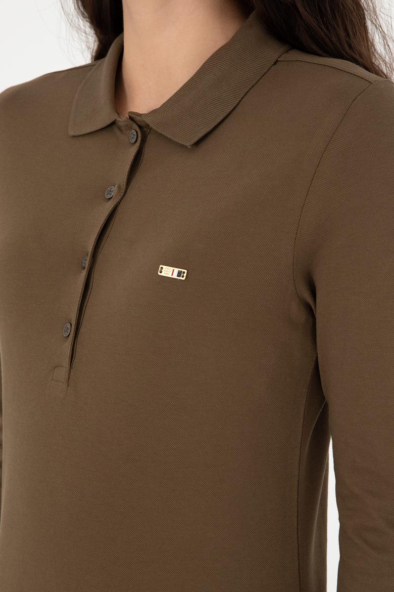 Kadın Haki Basic Polo Yaka Sweatshirt - 50296941077