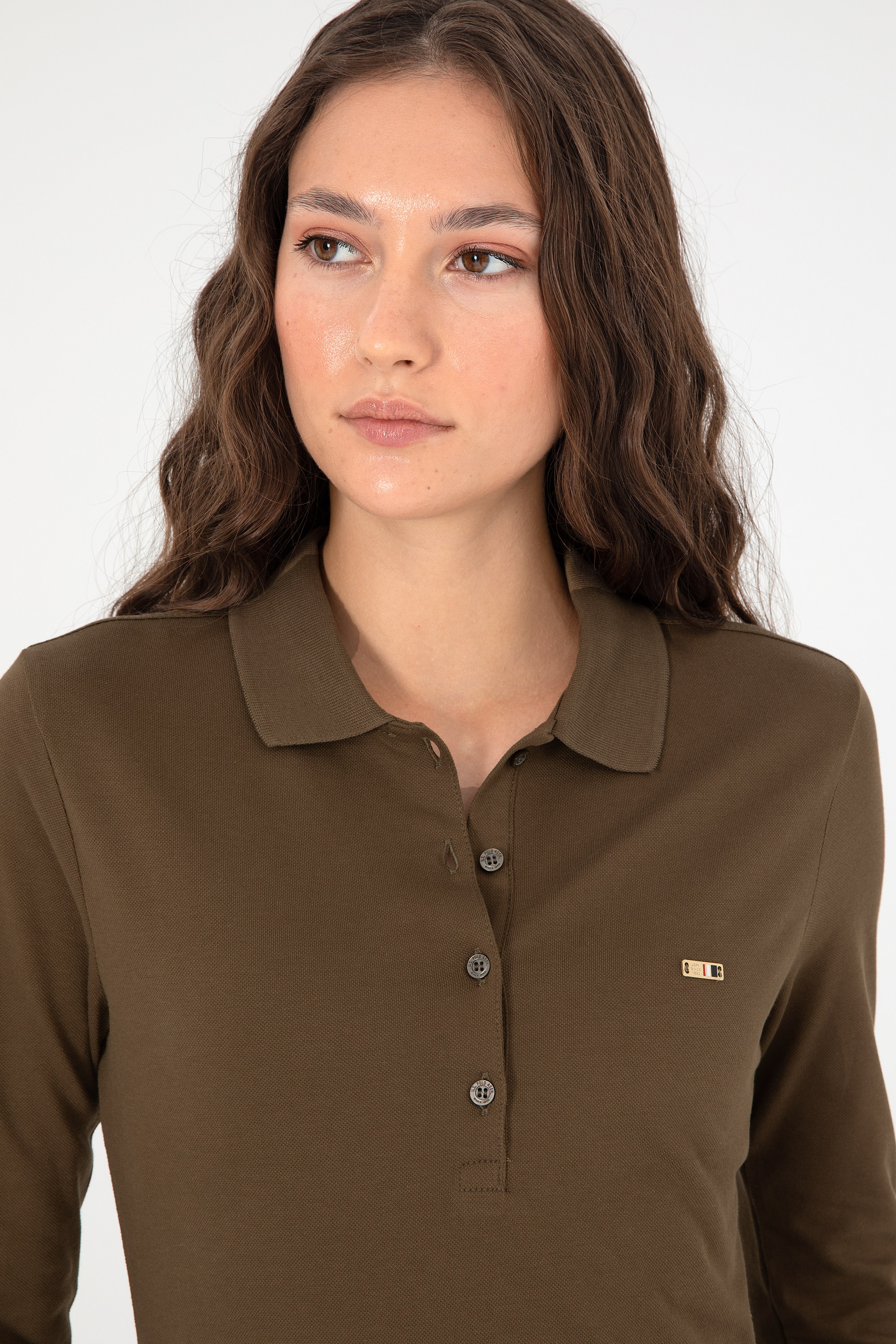 Kadın Haki Basic Polo Yaka Sweatshirt