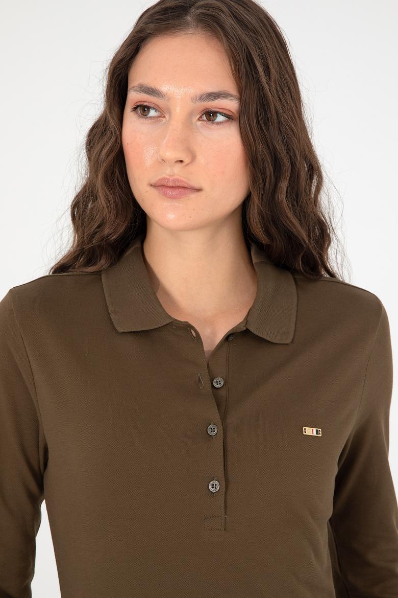 Kadın Haki Basic Polo Yaka Sweatshirt - 50296941077