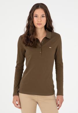 Kadın Haki Basic Polo Yaka Sweatshirt - 50296941077