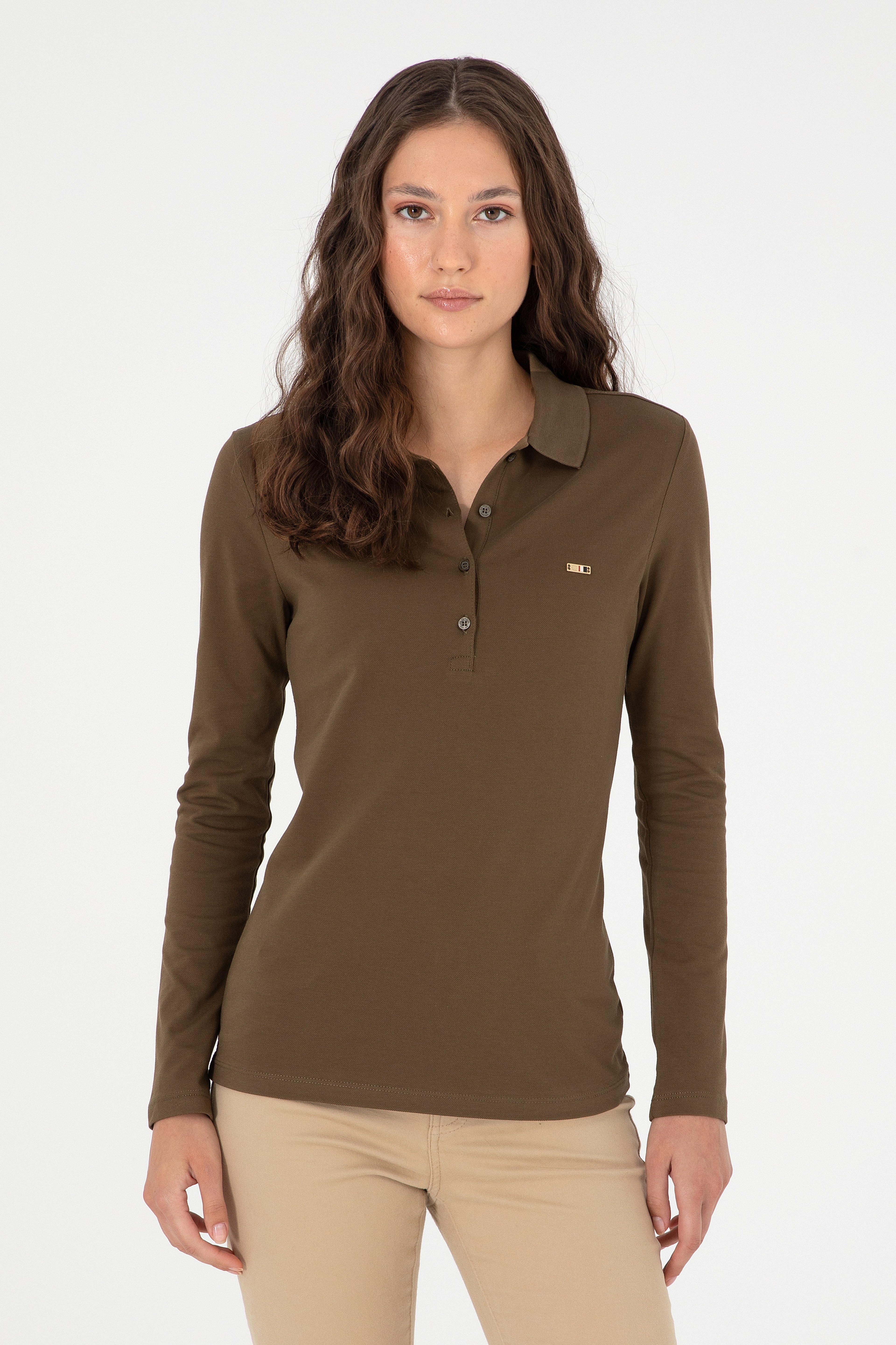 Kadın Haki Basic Polo Yaka Sweatshirt - Image 1