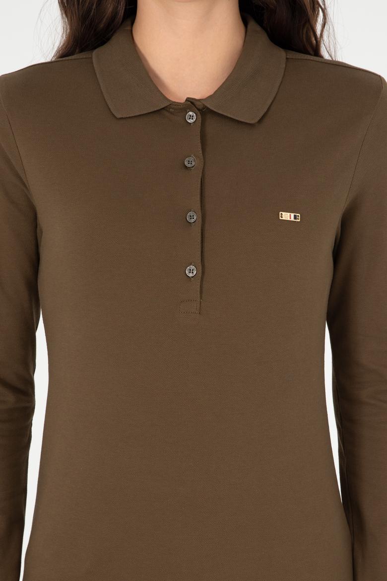 Kadın Haki Basic Polo Yaka Sweatshirt - 50296941077