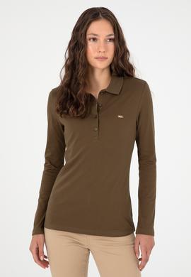 Kadın Haki Basic Polo Yaka Sweatshirt - 50296941077