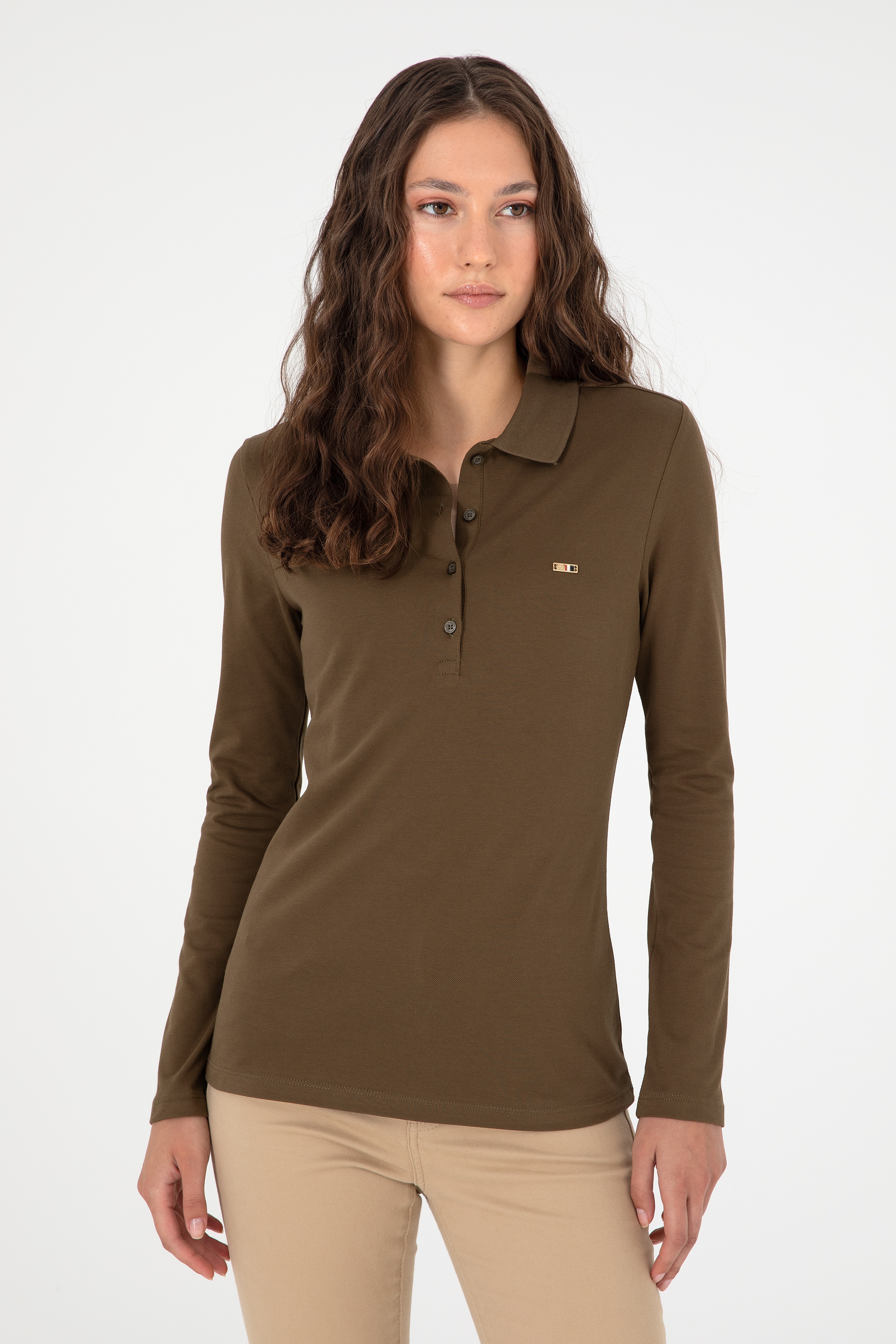 Kadın Haki Basic Polo Yaka Sweatshirt - Image 3