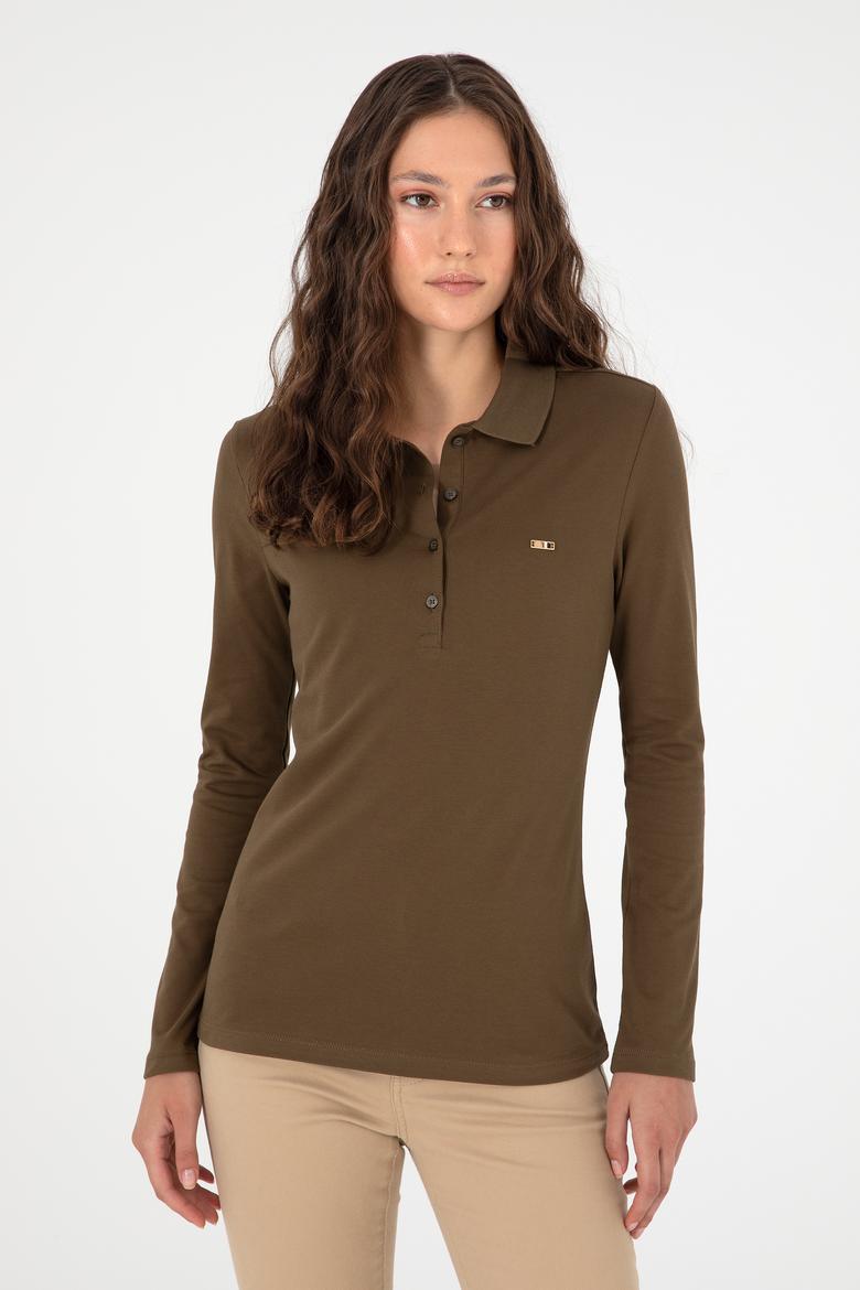 Kadın Haki Basic Polo Yaka Sweatshirt - 50296941077