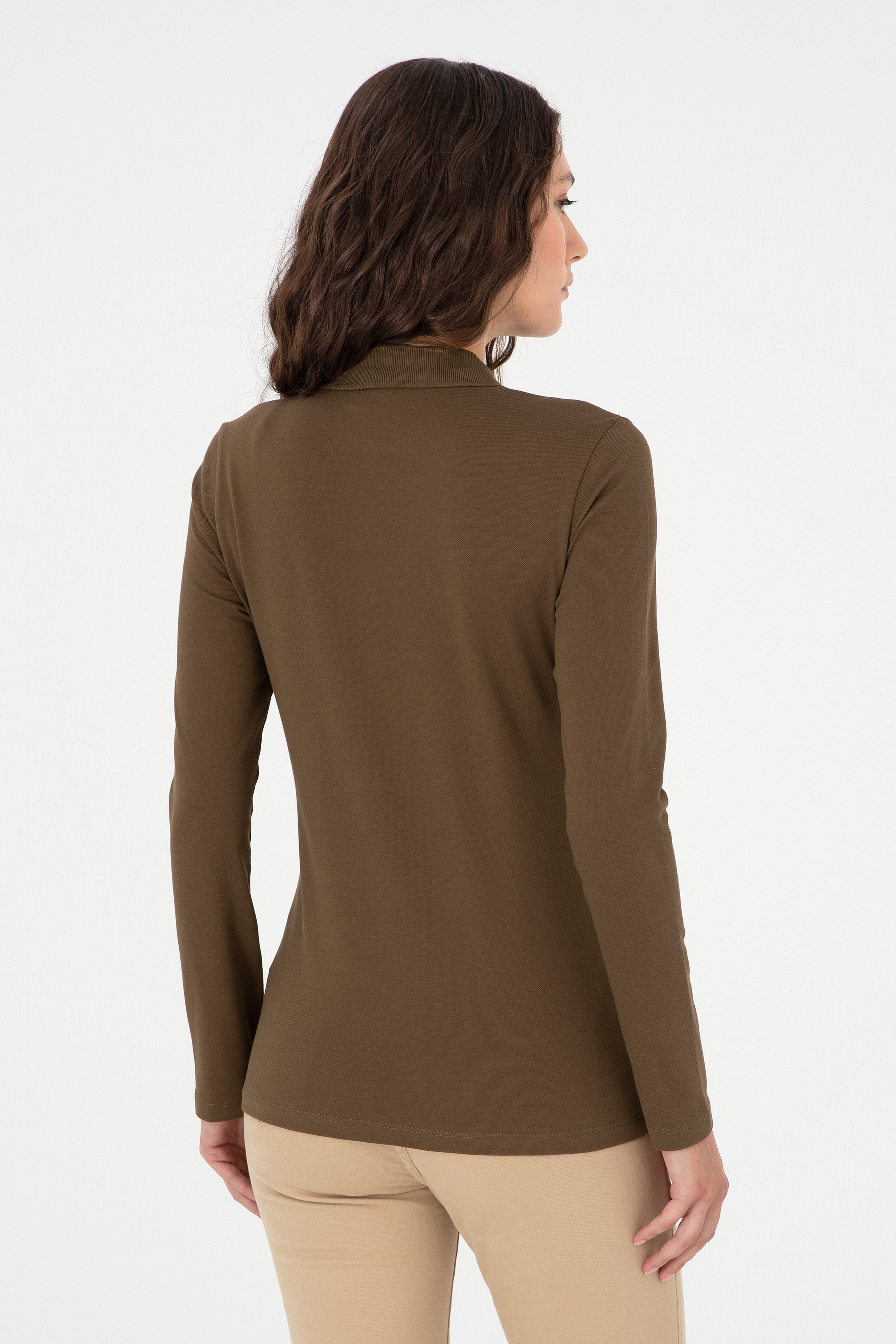 Kadın Haki Basic Polo Yaka Sweatshirt - Image 5