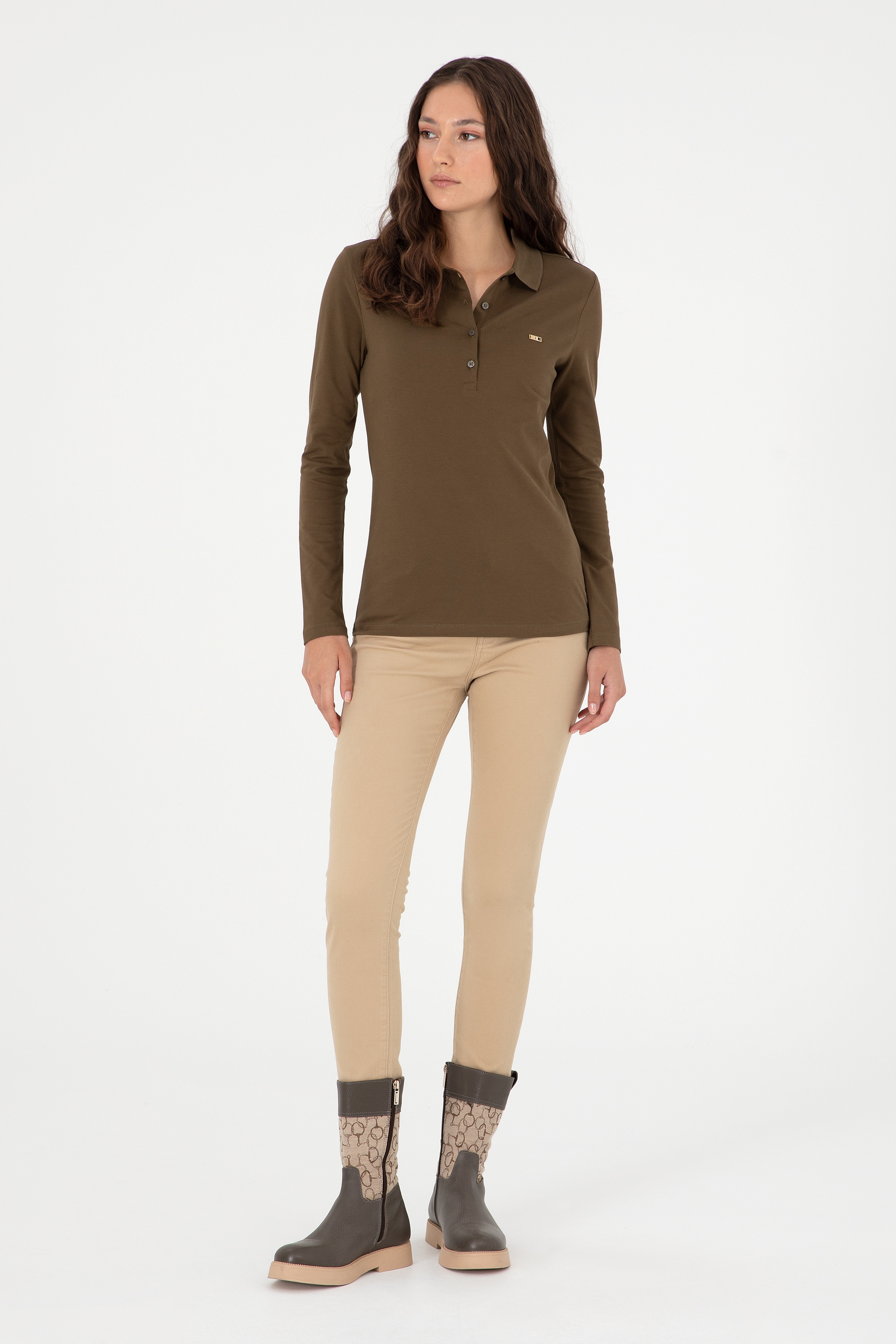 Kadın Haki Basic Polo Yaka Sweatshirt