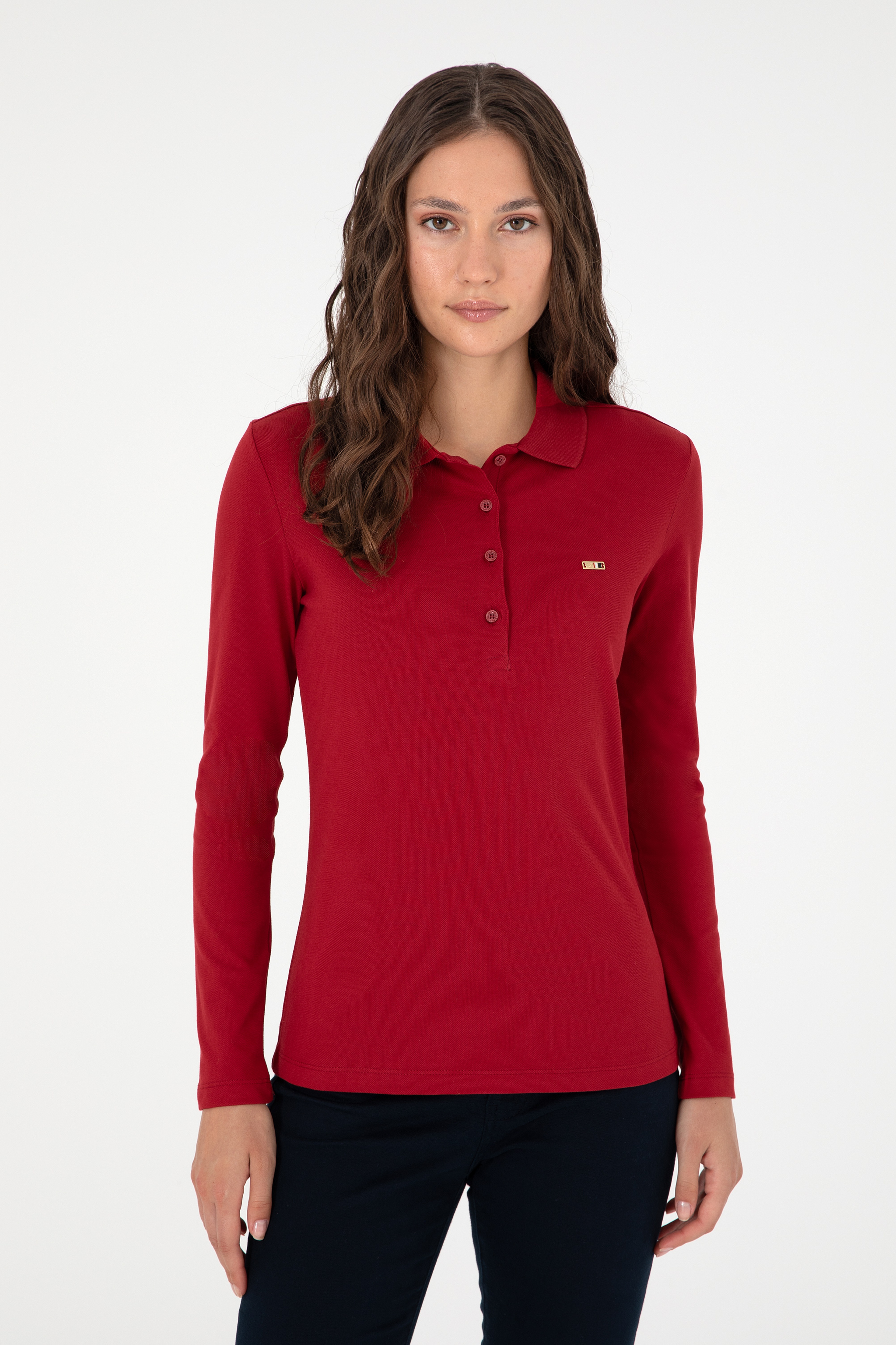 Kadın Kırmızı Basic Polo Yaka Sweatshirt