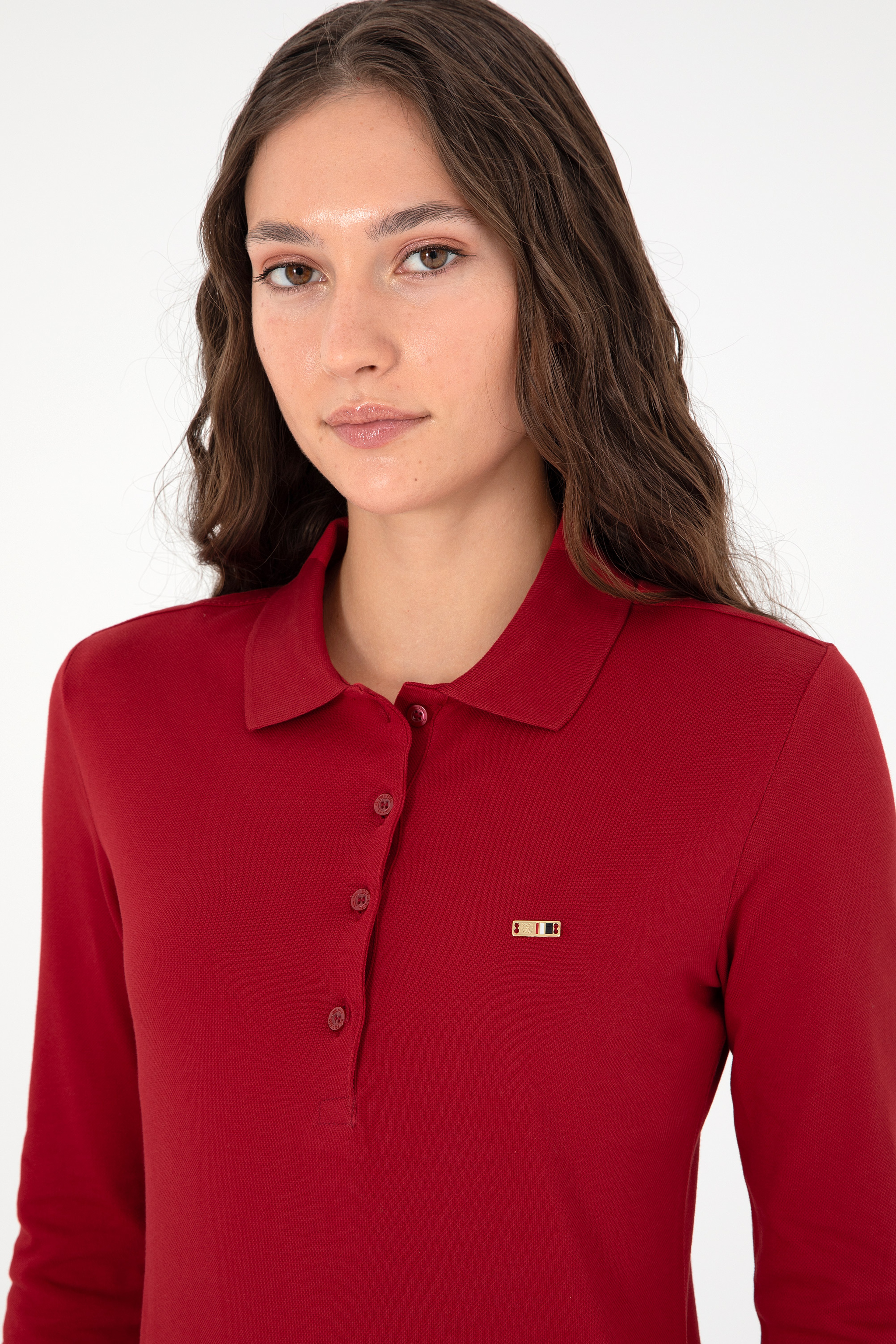 Kadın Kırmızı Basic Polo Yaka Sweatshirt - Image 2