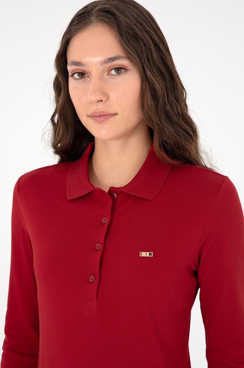 Kadın Kırmızı Basic Polo Yaka Sweatshirt