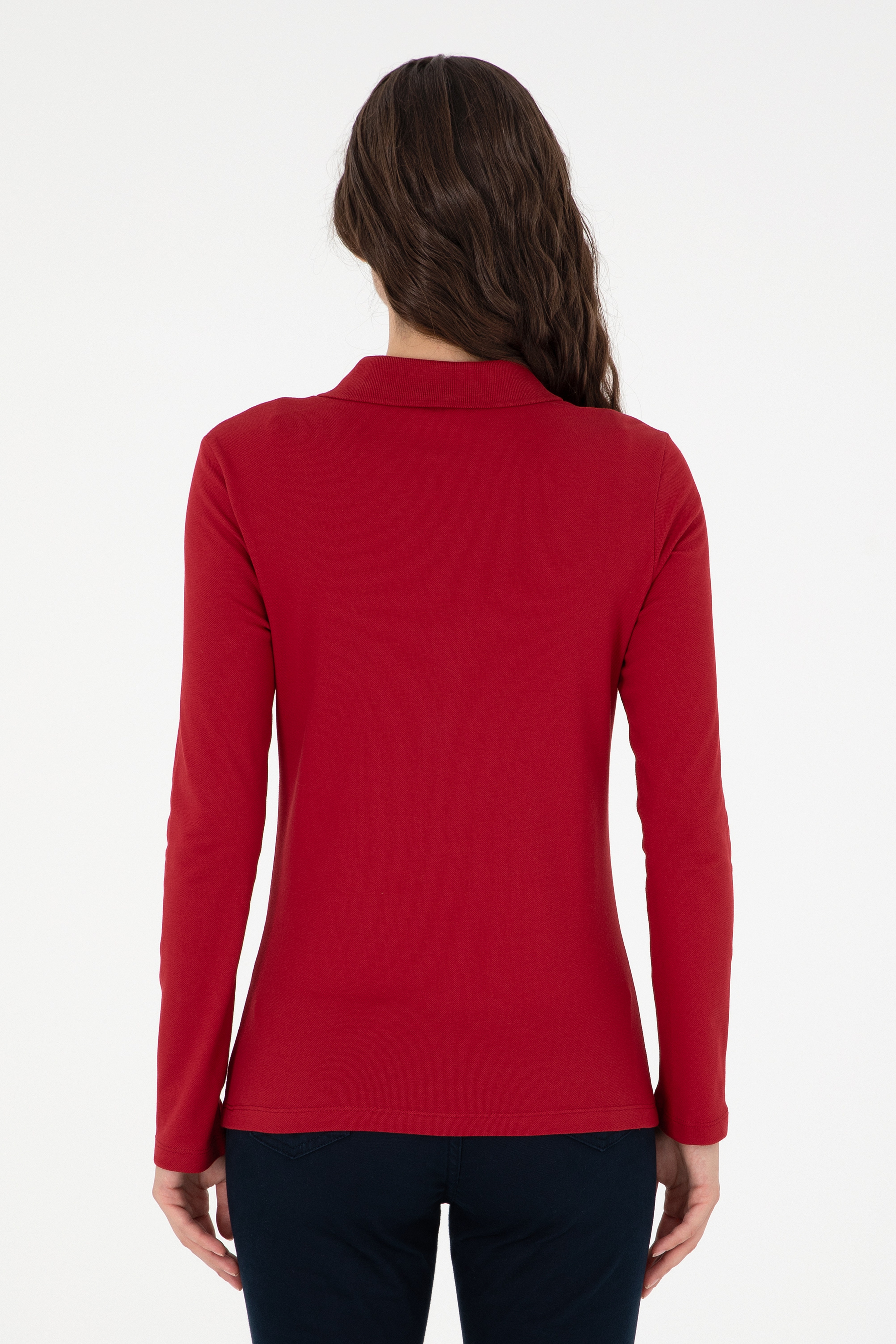 Kadın Kırmızı Basic Polo Yaka Sweatshirt - Image 5