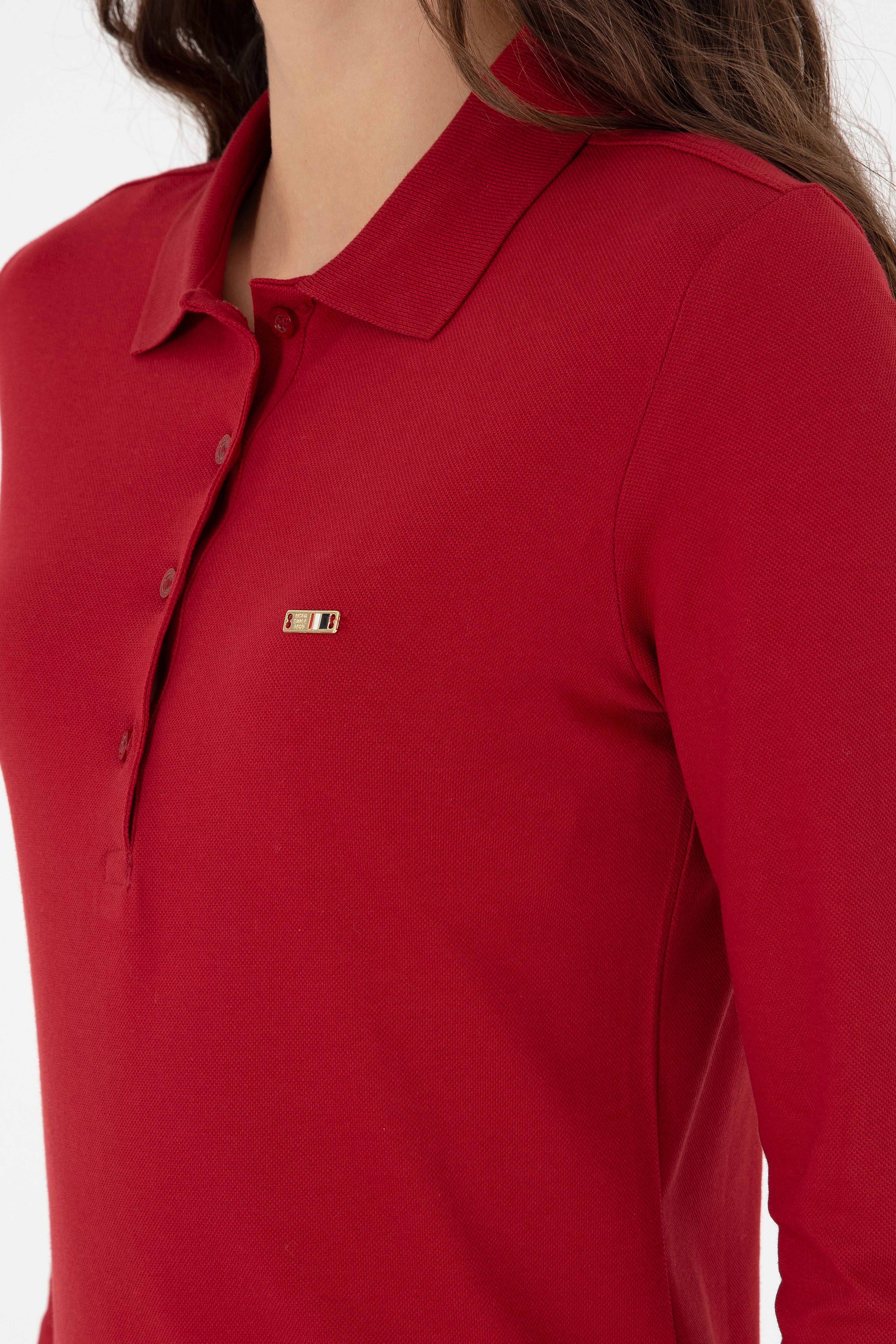 Kadın Kırmızı Basic Polo Yaka Sweatshirt - Image 7
