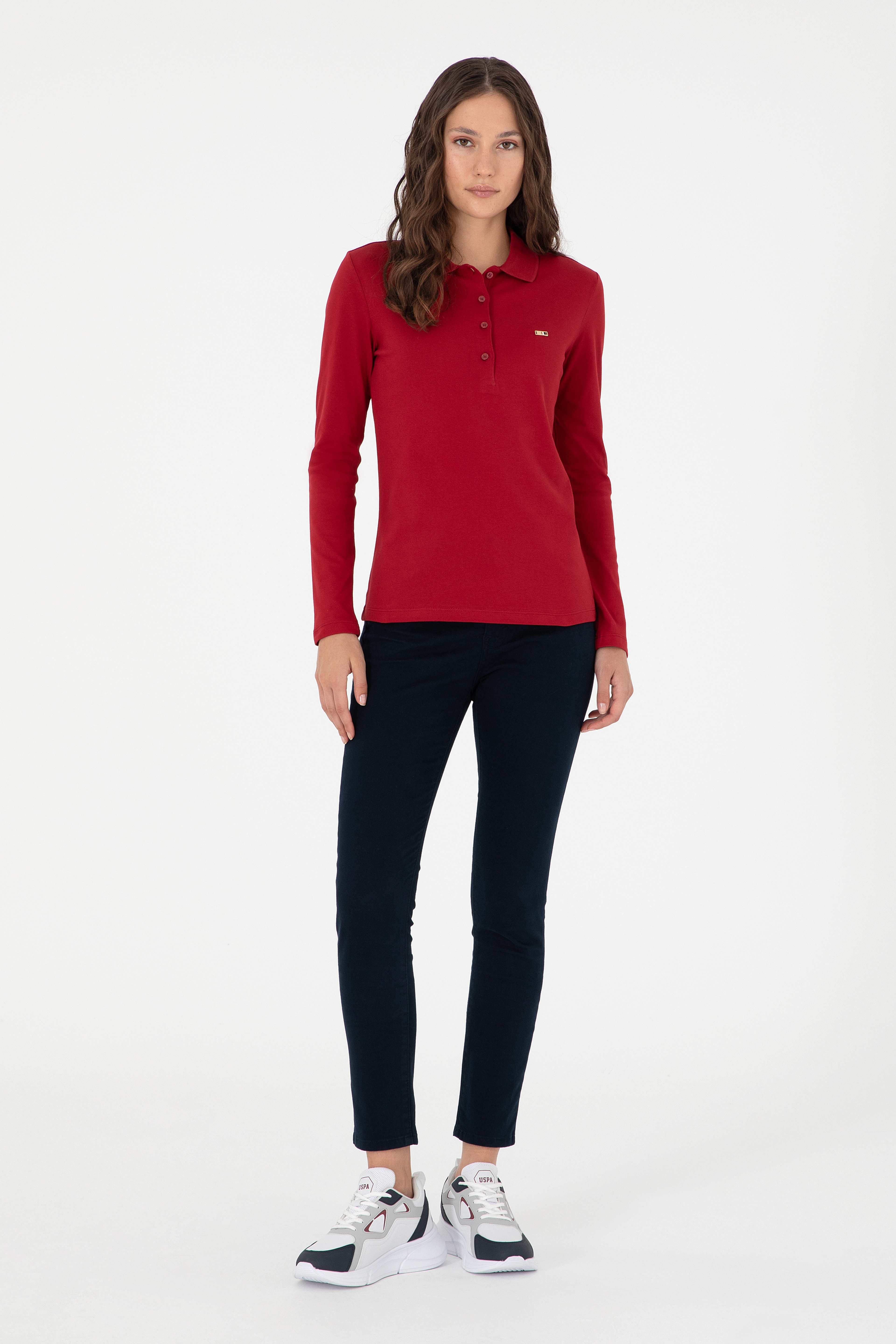 Kadın Kırmızı Basic Polo Yaka Sweatshirt - Image 4