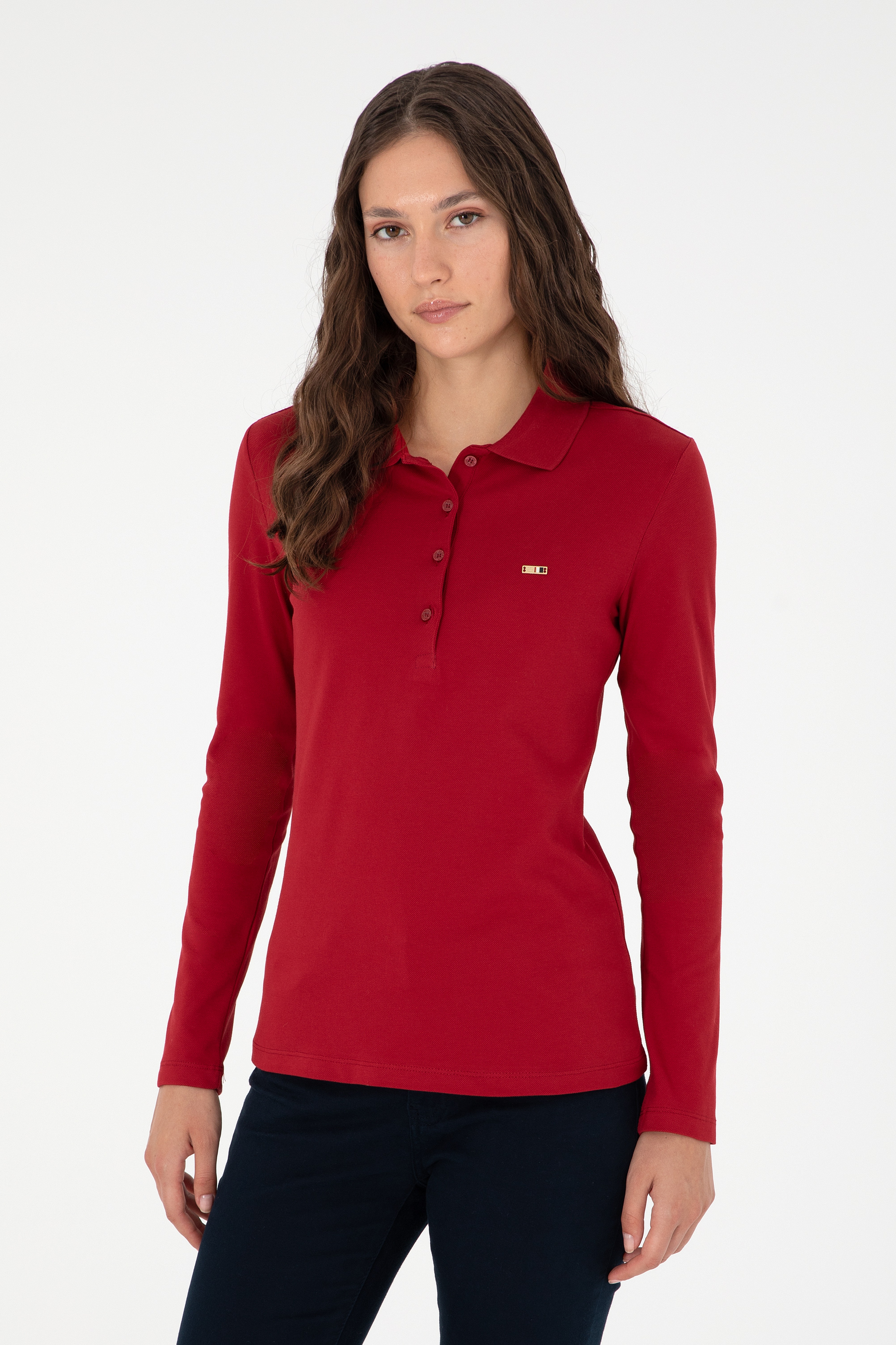 Kadın Kırmızı Basic Polo Yaka Sweatshirt