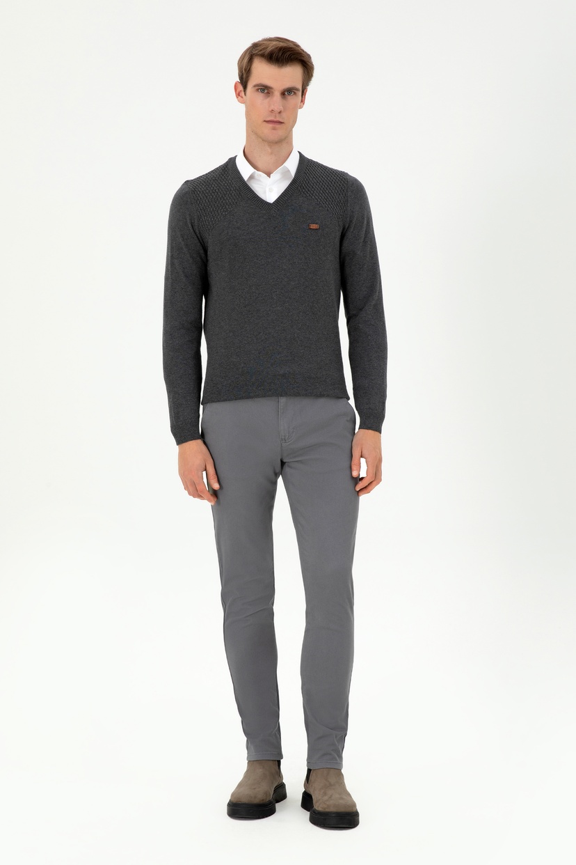 Erkek Slim Fit V Yaka Antrasit Melanj Kazak