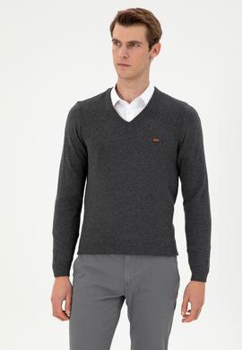 Erkek Slim Fit V Yaka Antrasit Melanj Kazak - 50297063015