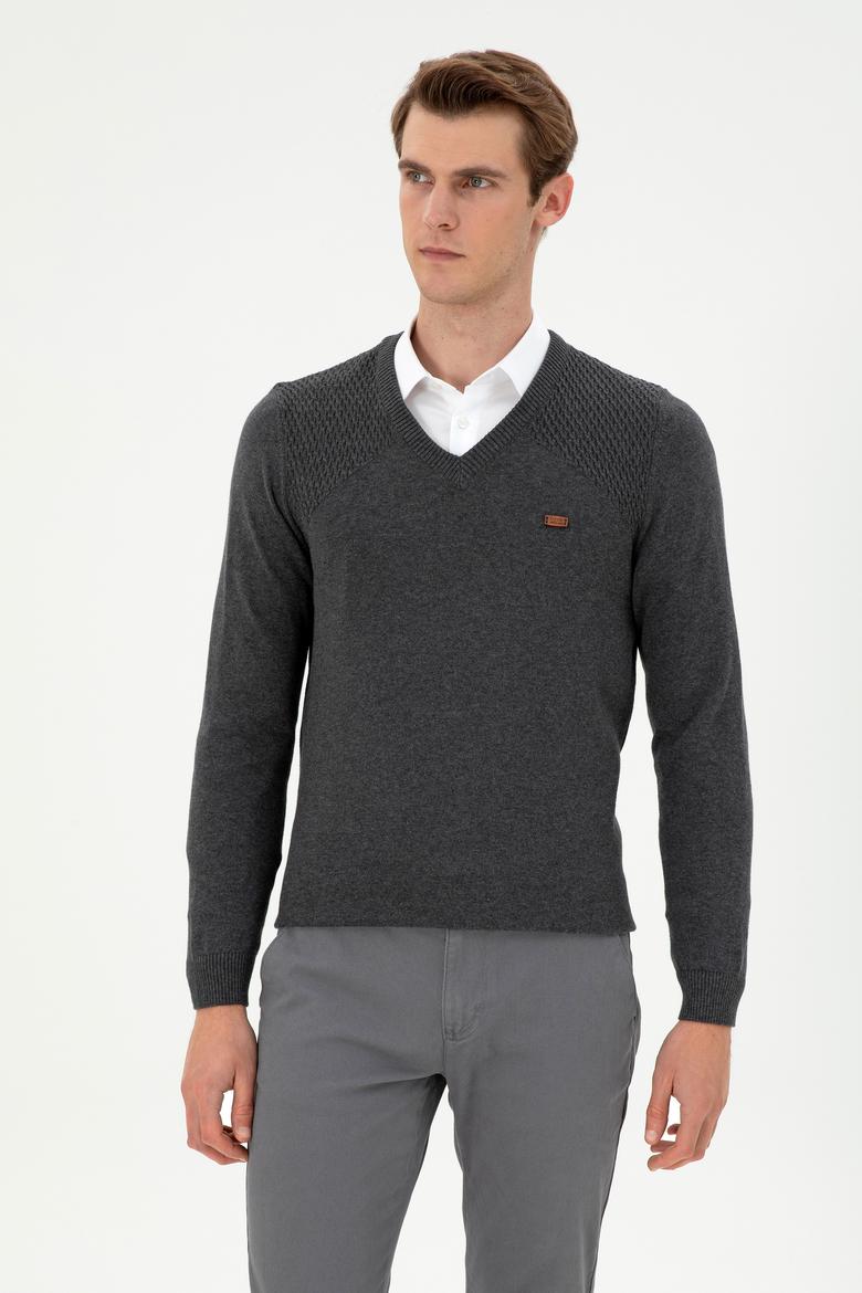 Erkek Slim Fit V Yaka Antrasit Melanj Kazak