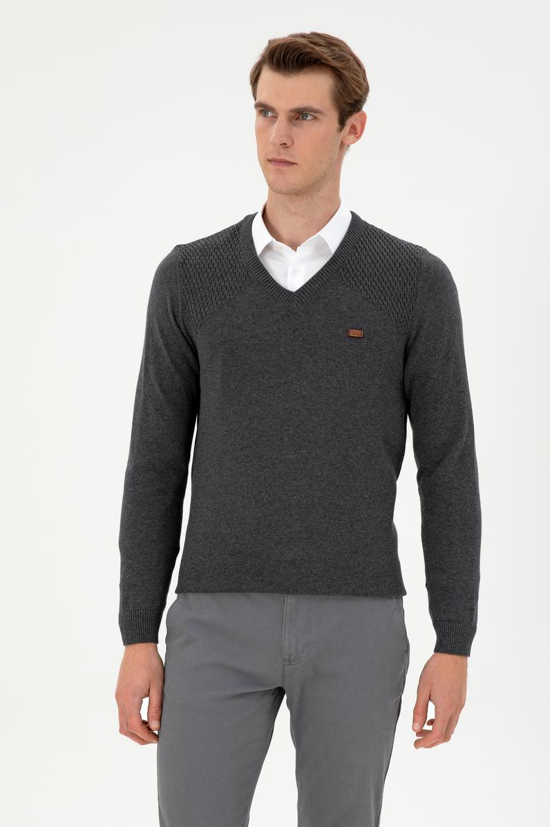 Erkek Slim Fit V Yaka Antrasit Melanj Kazak