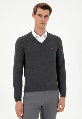 Erkek Slim Fit V Yaka Antrasit Melanj Kazak - 50297063015