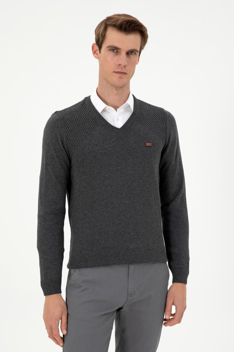 Erkek Slim Fit V Yaka Antrasit Melanj Kazak - 50297063015